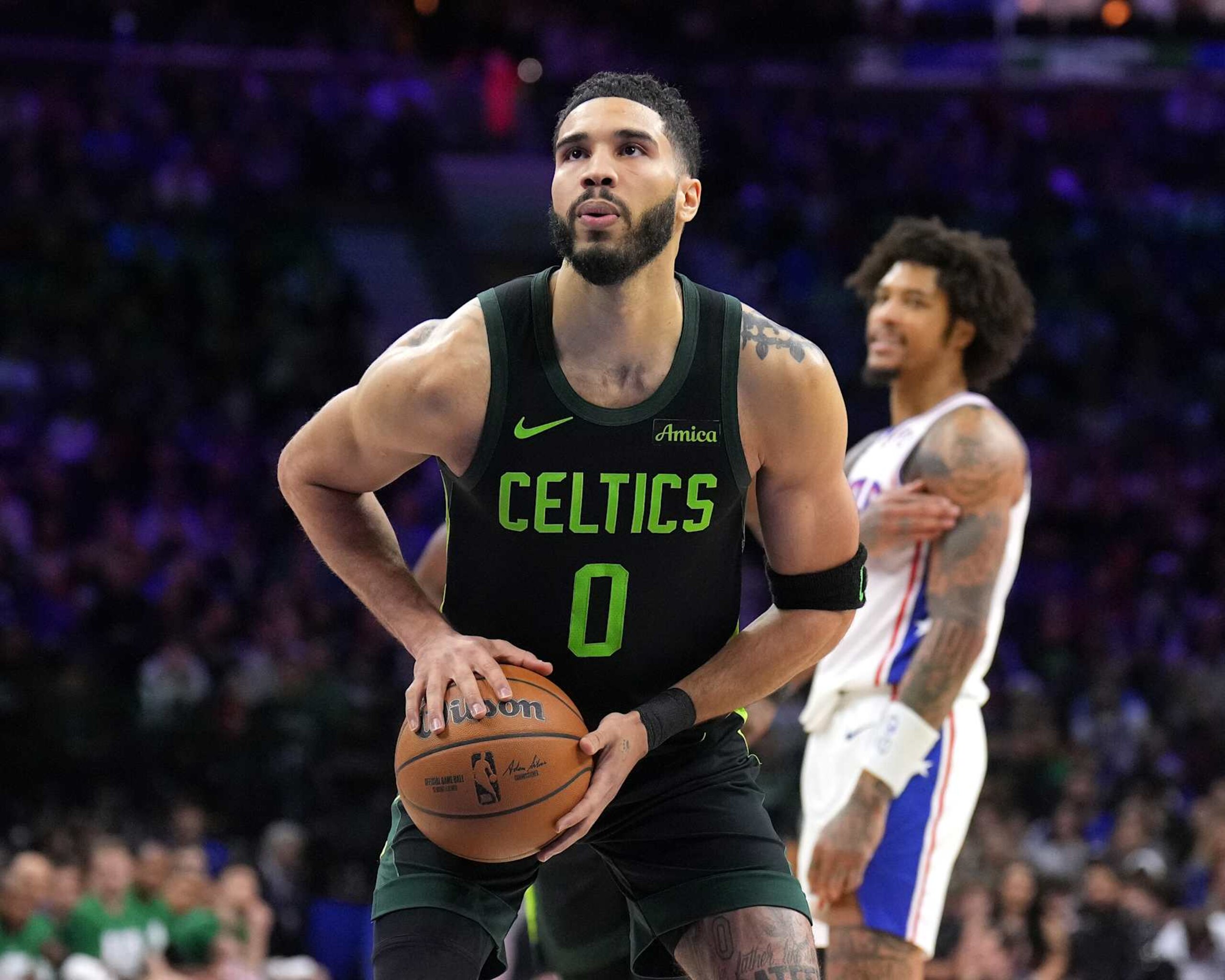 PHILADELPHIA, PA - FEBRUARY 2: Jayson Tatum #0 of the Boston Celtics prepares to shoot a free throw against the Philadelphia 76ers on February 2, 2025 at the Wells Fargo Center in Philadelphia, Pennsylvania NOTE TO USER: User expressly acknowledges and agrees that, by downloading and/or using this Photograph, user is consenting to the terms and conditions of the Getty Images License Agreement. Mandatory Copyright Notice: Copyright 2025 NBAE(Photo by Jesse D. Garrabrant/NBAE via Getty Images)