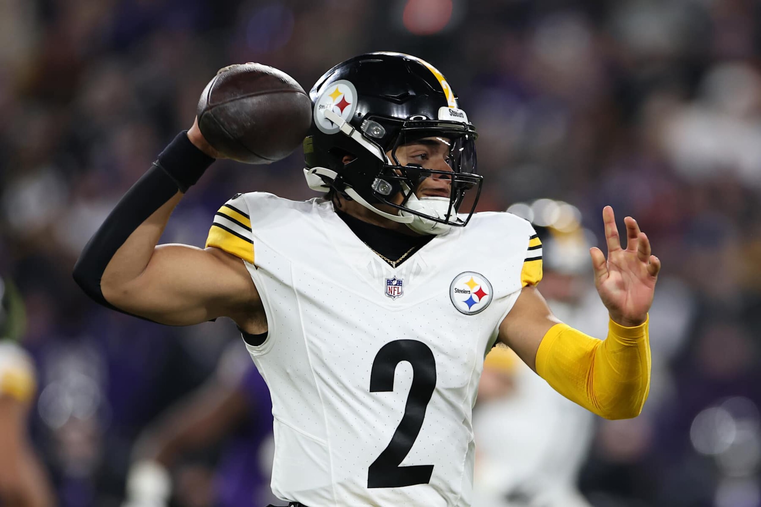 BALTIMORE, MARYLAND - JANUARY 11: Justin Fields #2 of the Pittsburgh Steelers throws a pass during the second quarter against the Baltimore Ravens during the AFC Wild Card Playoff at M&T Bank Stadium on January 11, 2025 in Baltimore, Maryland.  (Photo by Scott Taetsch/Getty Images)
