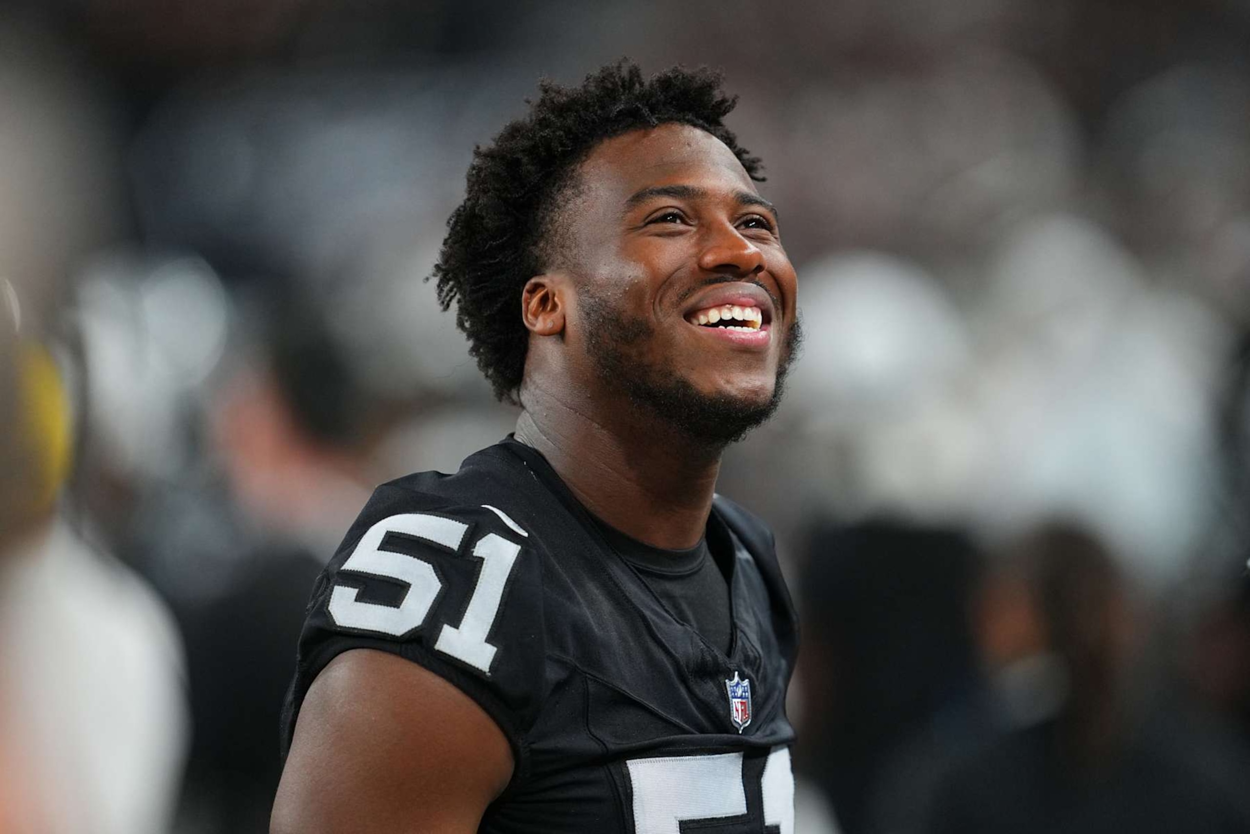 LAS VEGAS, NEVADA - AUGUST 17:  Defensive end Malcolm Koonce #51 of the Las Vegas Raiders looks on from the sideline in the second half of a preseason game against the Dallas Cowboys at Allegiant Stadium on August 17, 2024 in Las Vegas, Nevada.  (Photo by Chris Unger/Getty Images)