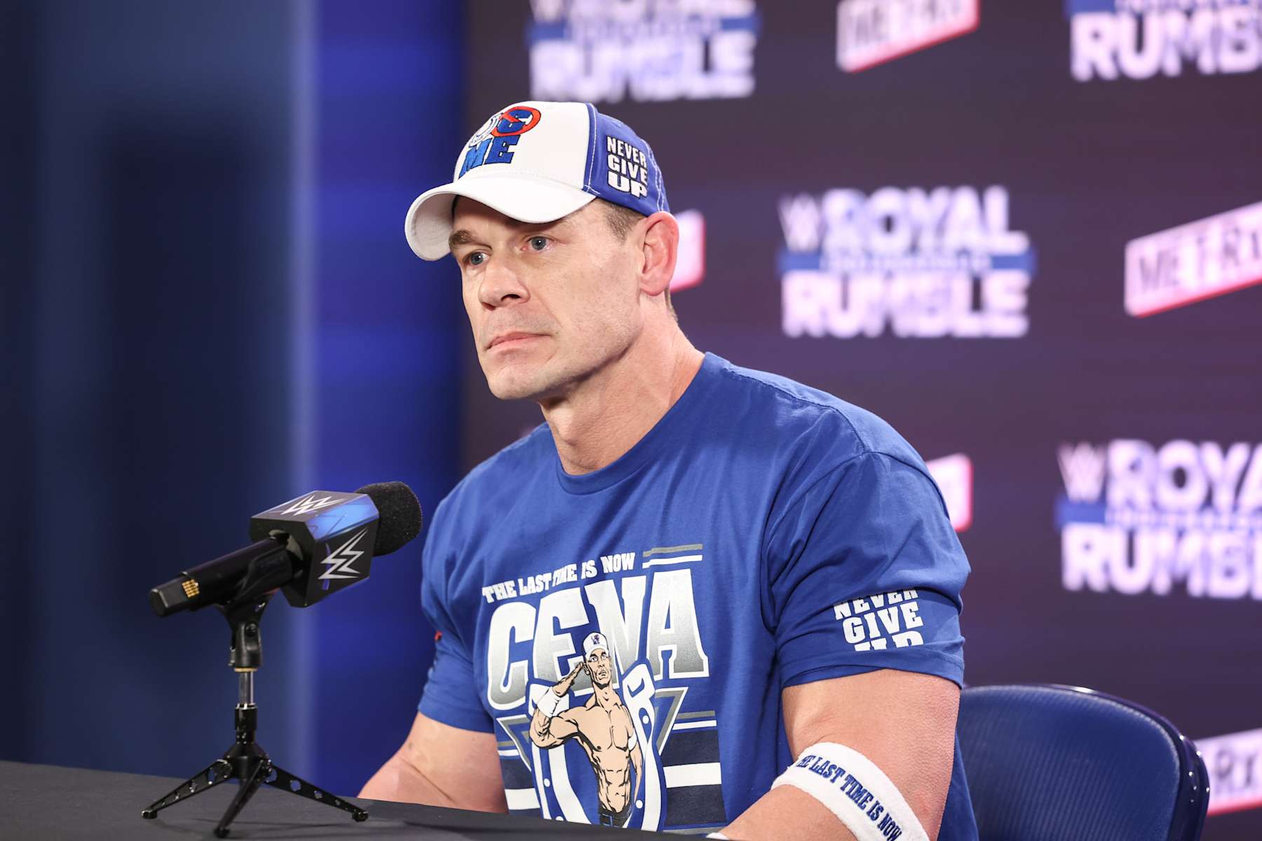 INDIANAPOLIS, INDIANA - FEBRUARY 1: John Cena speaks at the WWE Post Show after Royal Rumble at Lucas Oil Stadium on February 1, 2025 in Indianapolis, Indiana. (Photo byAndrea Kellaway/WWE via Getty Images)