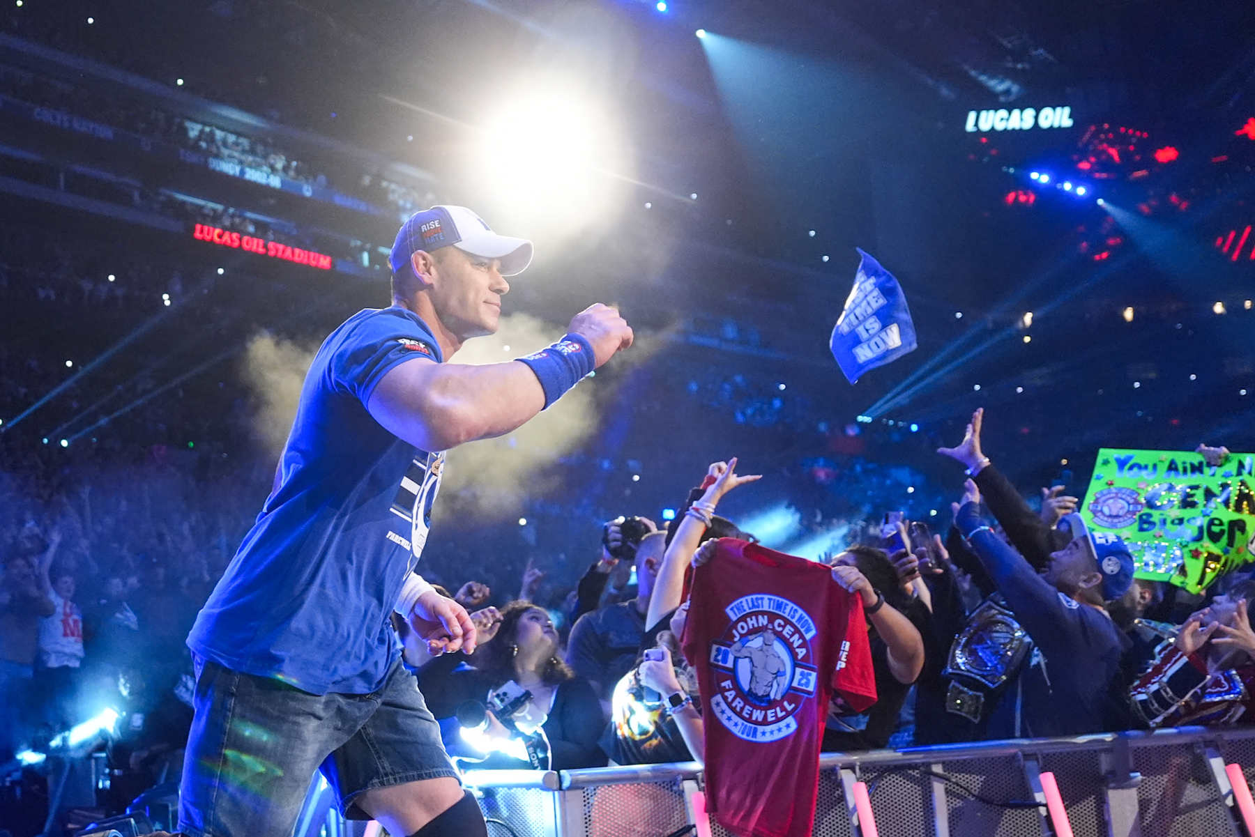 INDIANAPOLIS, INDIANA - FEBRUARY 1: John Cena makes his entrance during Royal Rumble at Lucas Oil Stadium on February 1, 2025 in Indianapolis, Indiana. (Photo by Craig Melvin/WWE via Getty Images)