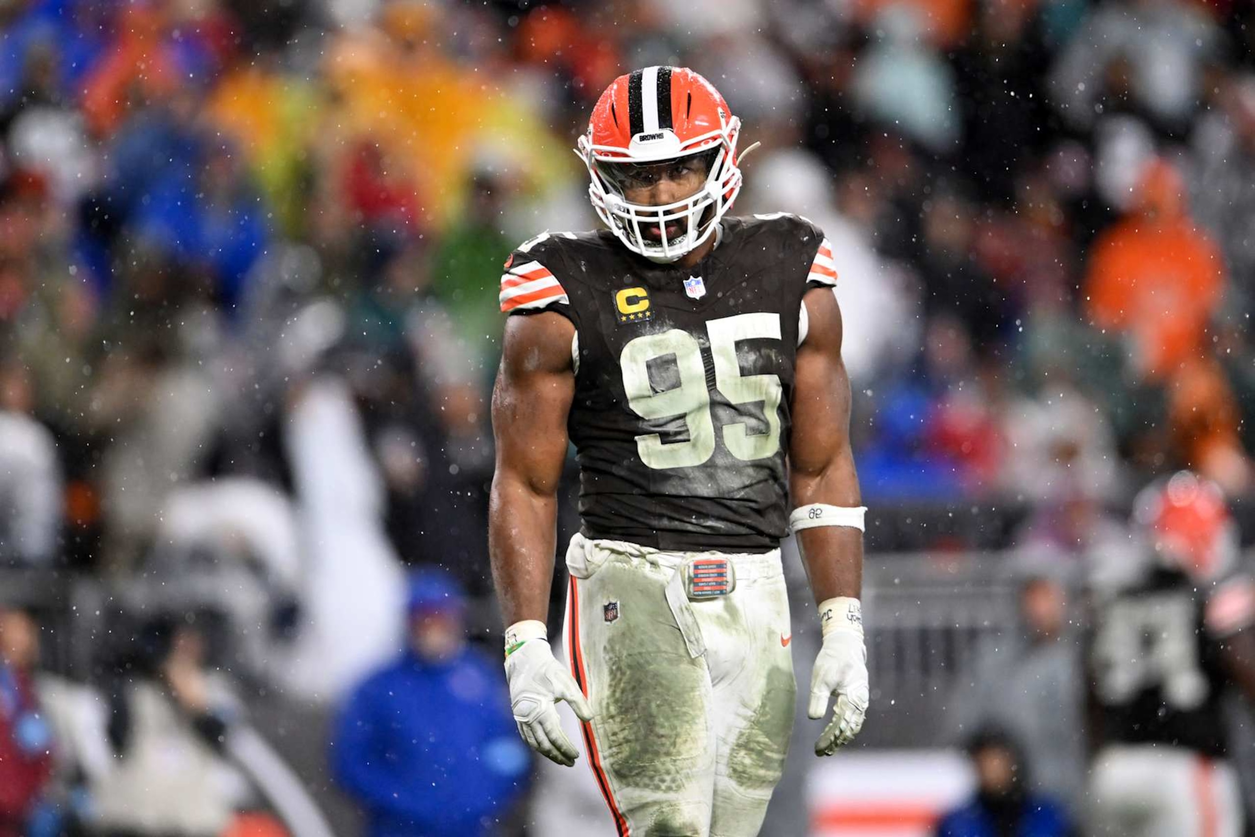 CLEVELAND, OHIO - DECEMBER 29: Myles Garrett #95 of the Cleveland Browns looks on during the fourth quarter against the Miami Dolphins at Huntington Bank Field on December 29, 2024 in Cleveland, Ohio. (Photo by Nick Cammett/Diamond Images via Getty Images)