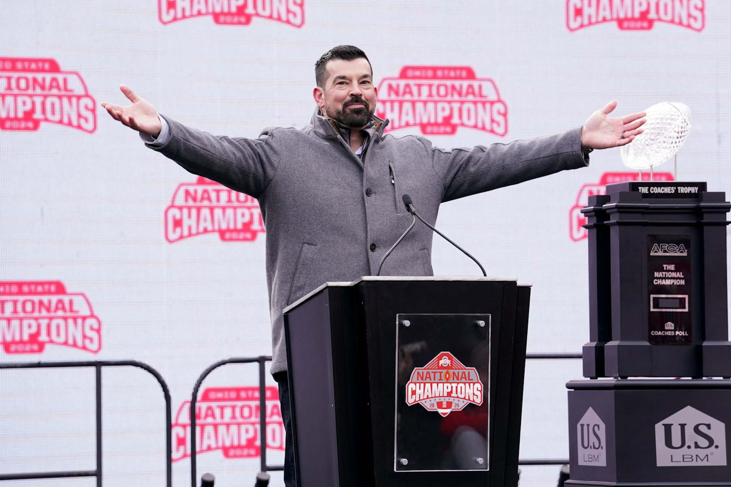 COLUMBUS, OHIO - JANUARY 26: Head coach Ryan Day of the Ohio State Buckeyes delivers remarks during the NCAA Football Championship celebration at Ohio Stadium on January 26, 2025 in Columbus, Ohio. (Photo by Jason Mowry/Getty Images)