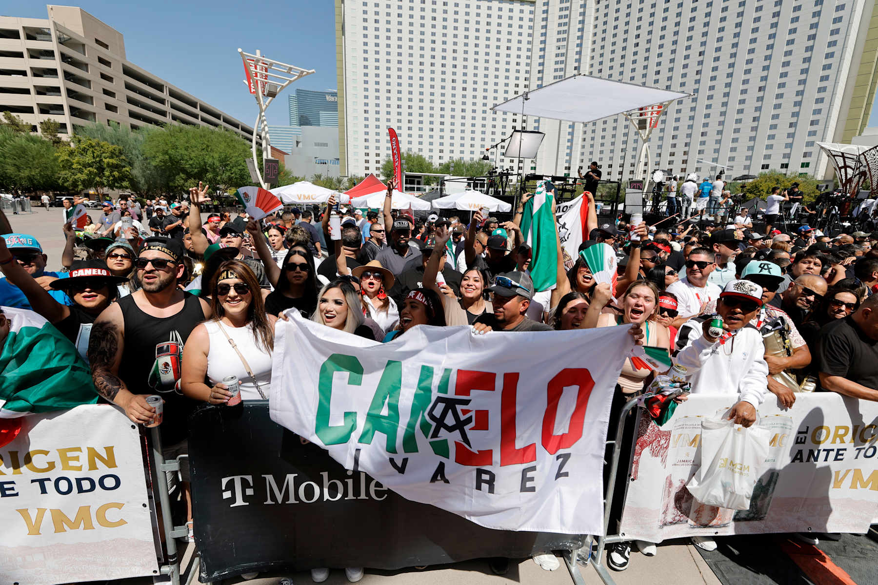 LAS VEGAS, NEVADA - SEPTEMBER 13: Boxing fans wait for the start of a ceremonial weigh-in with WBC/WBA/WBO super middleweight champion Canelo Alvarez and Edgar Berlanga in Toshiba Plaza at T-Mobile Arena on September 13, 2024 in Las Vegas, Nevada. Alvarez is scheduled to defend his titles against Berlanga at the arena September 14.  (Photo by Steve Marcus/Getty Images)