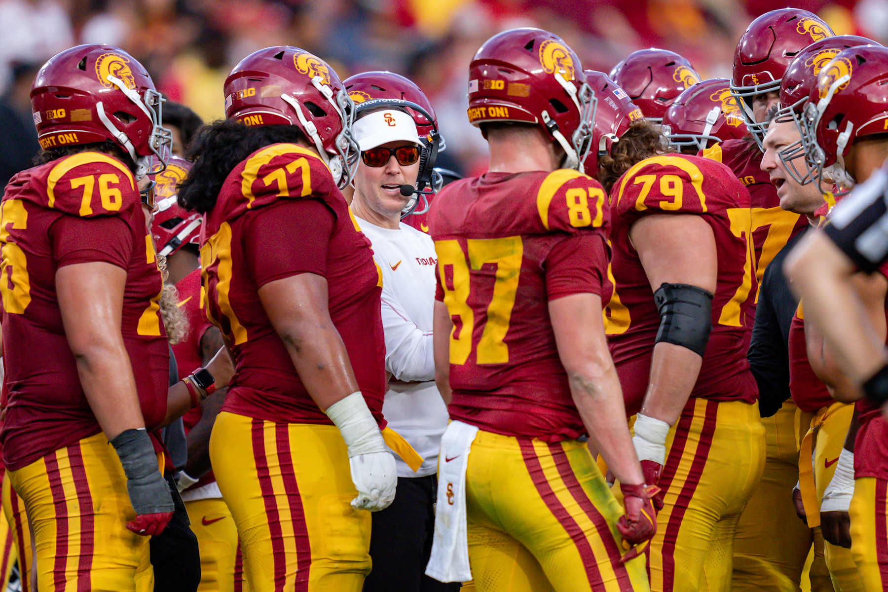 LOS ANGELES, CA - NOVEMBER 30: Lincoln Riley, Head Coach of USC Trojans football coaching team during time out during a game between Notre Dame Fighting Irish and University of Southern California at Los Angeles Memorial Coliseum on November 30, 2024 in Los Angeles, California. (Photo by Melinda Meijer/ISI Photos/Getty Images)