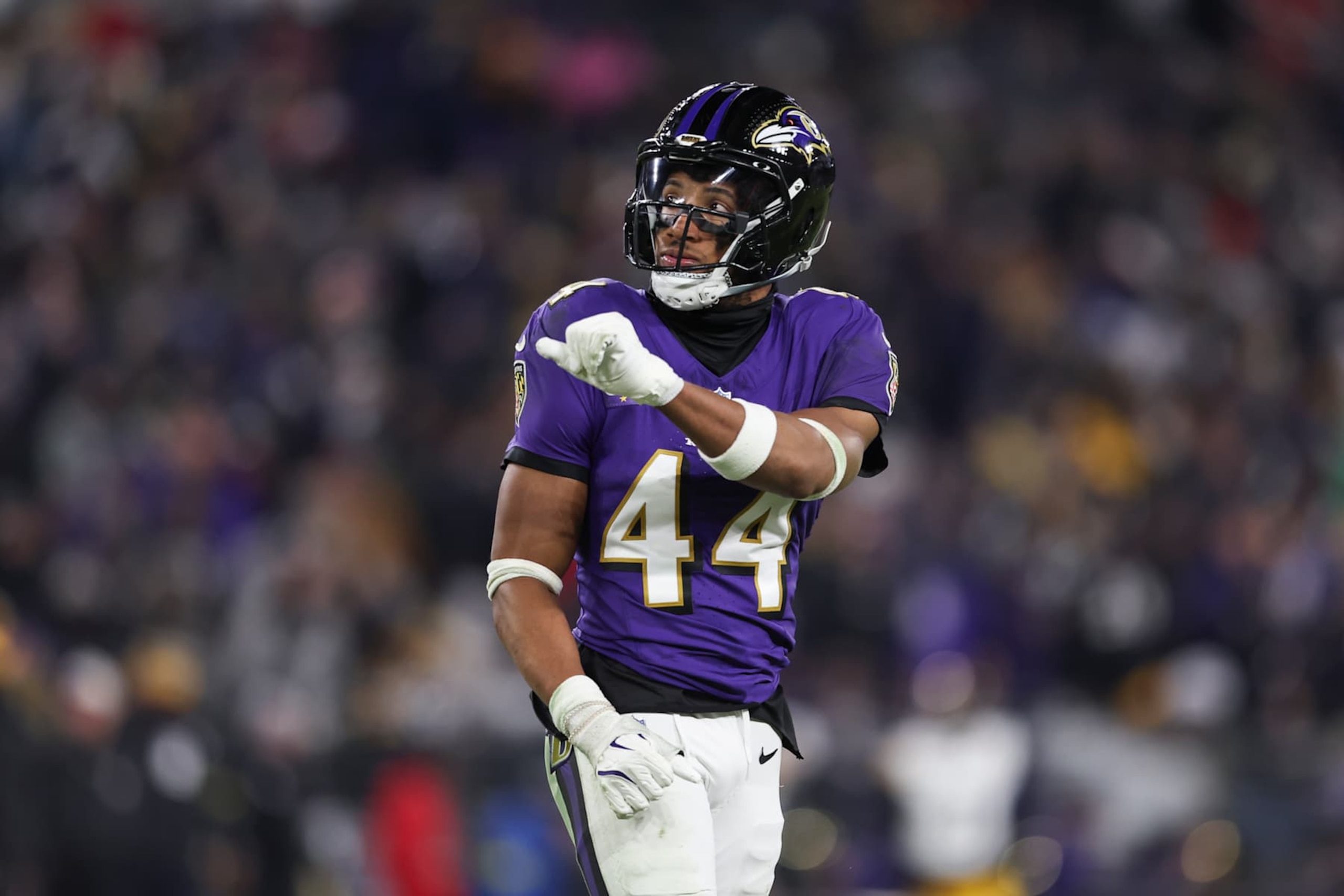 BALTIMORE, MARYLAND - JANUARY 11: Marlon Humphrey #44 of the Baltimore Ravens reacts during a Wild Card Playoff Game against the Pittsburgh Steelers at M&T Bank Stadium on January 11, 2025 in Baltimore, Maryland. The Ravens defeated the Steelers 28-14. (Kara Durrette/Getty Images)