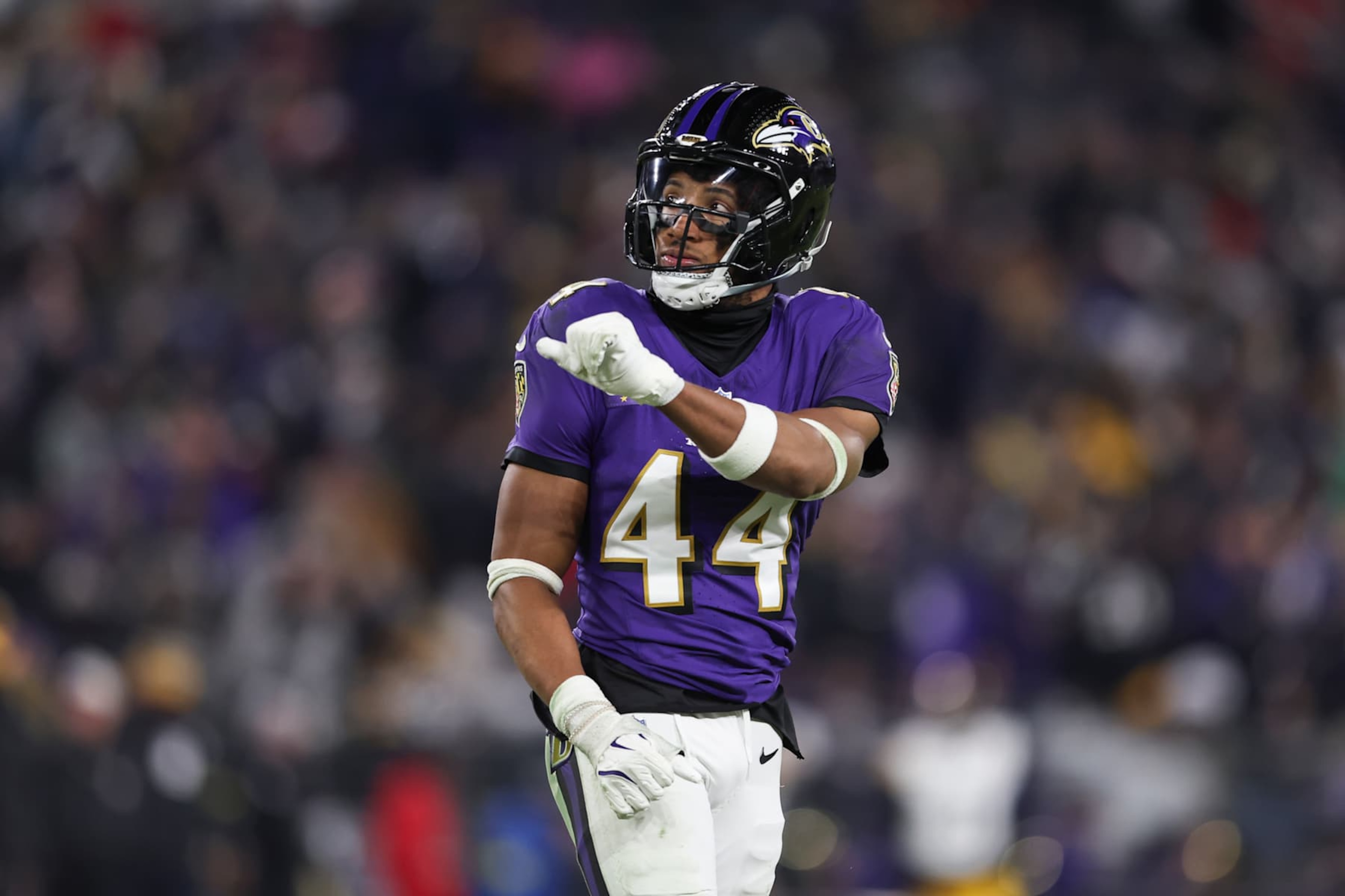 BALTIMORE, MARYLAND - JANUARY 11: Marlon Humphrey #44 of the Baltimore Ravens reacts during a Wild Card Playoff Game against the Pittsburgh Steelers at M&T Bank Stadium on January 11, 2025 in Baltimore, Maryland. The Ravens defeated the Steelers 28-14. (Kara Durrette/Getty Images)