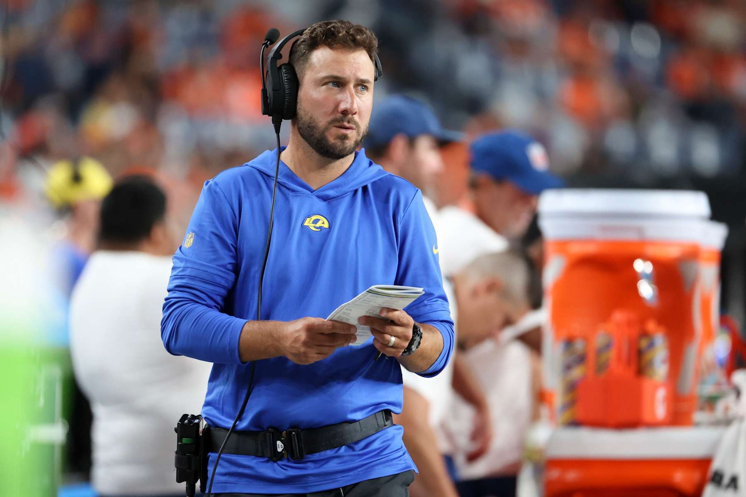DENVER, COLORADO - AUGUST 26: Tight ends coach Nick Caley of the Los Angeles Rams looks on during the preseason game against the Denver Broncos at Empower Field At Mile High on August 26, 2023 in Denver, Colorado. (Photo by Tyler Schank/Clarkson Creative/Getty Images)