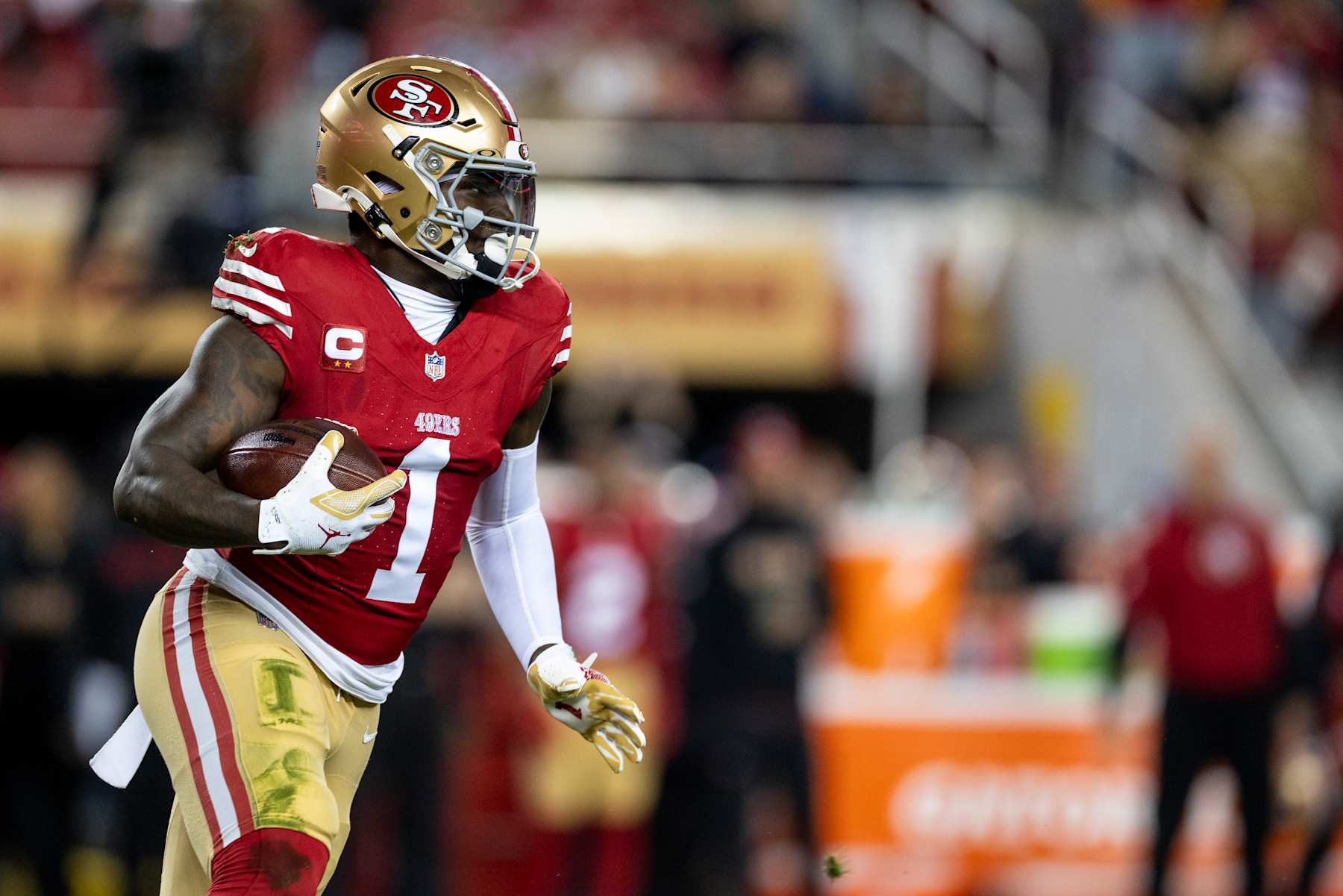 SANTA CLARA, CALIFORNIA - DECEMBER 30: Deebo Samuel Sr. #1 of the San Francisco 49ers runs with the ball during an NFL Football game against the Detroit Lions at Levi's Stadium on December 30, 2024 in Santa Clara, California. (Photo by Michael Owens/Getty Images)
