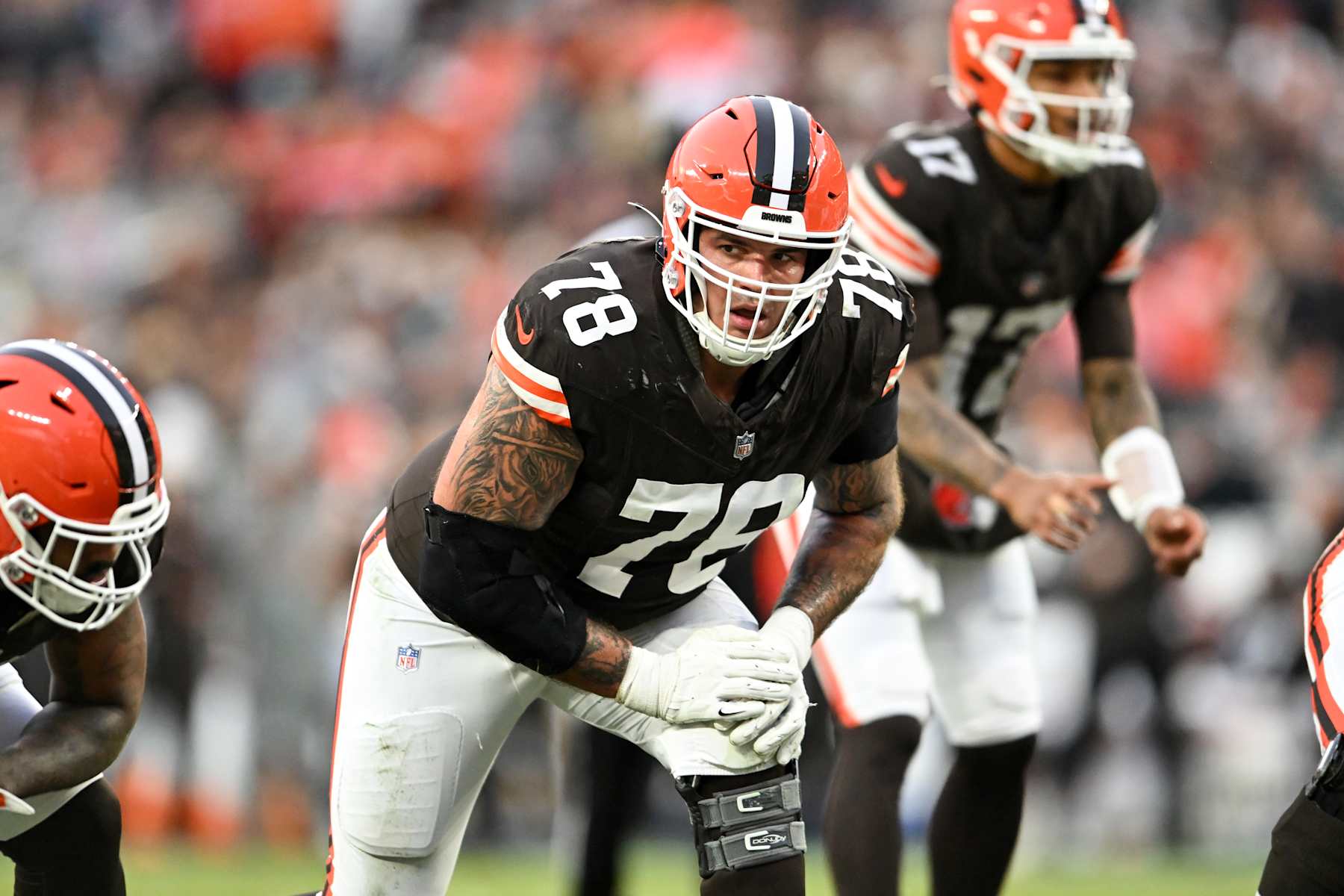 CLEVELAND, OHIO - DECEMBER 29: Jack Conklin #78 of the Cleveland Browns waits for the snap during the second quarter against the Miami Dolphins at Huntington Bank Field on December 29, 2024 in Cleveland, Ohio. (Photo by Nick Cammett/Diamond Images via Getty Images)