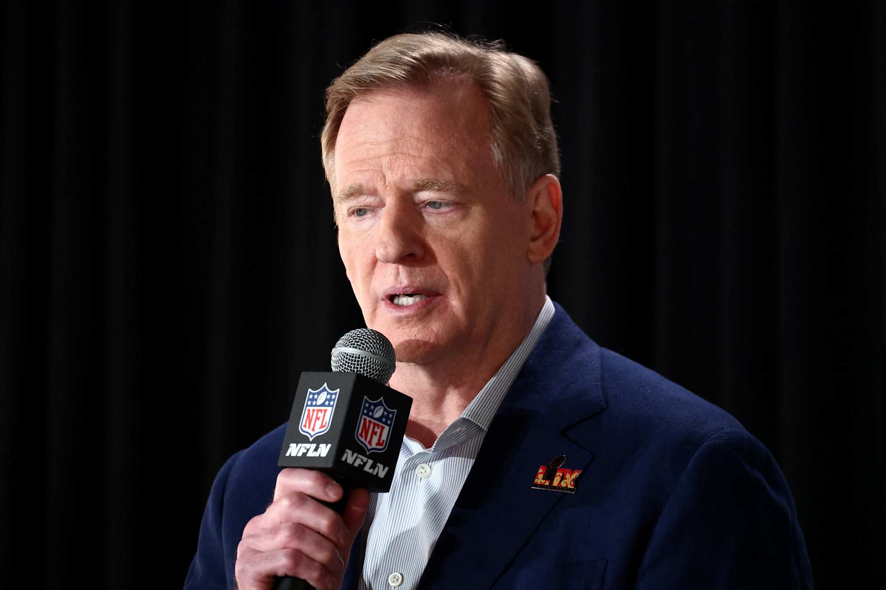 NEW ORLEANS, LOUISIANA - FEBRUARY 03: NFL Commissioner Roger Goodell speaks during a press conference ahead of the Super Bowl LIX at Caesars Superdome on February 03, 2025 in New Orleans, Louisiana. (Photo by Chris Graythen/Getty Images)