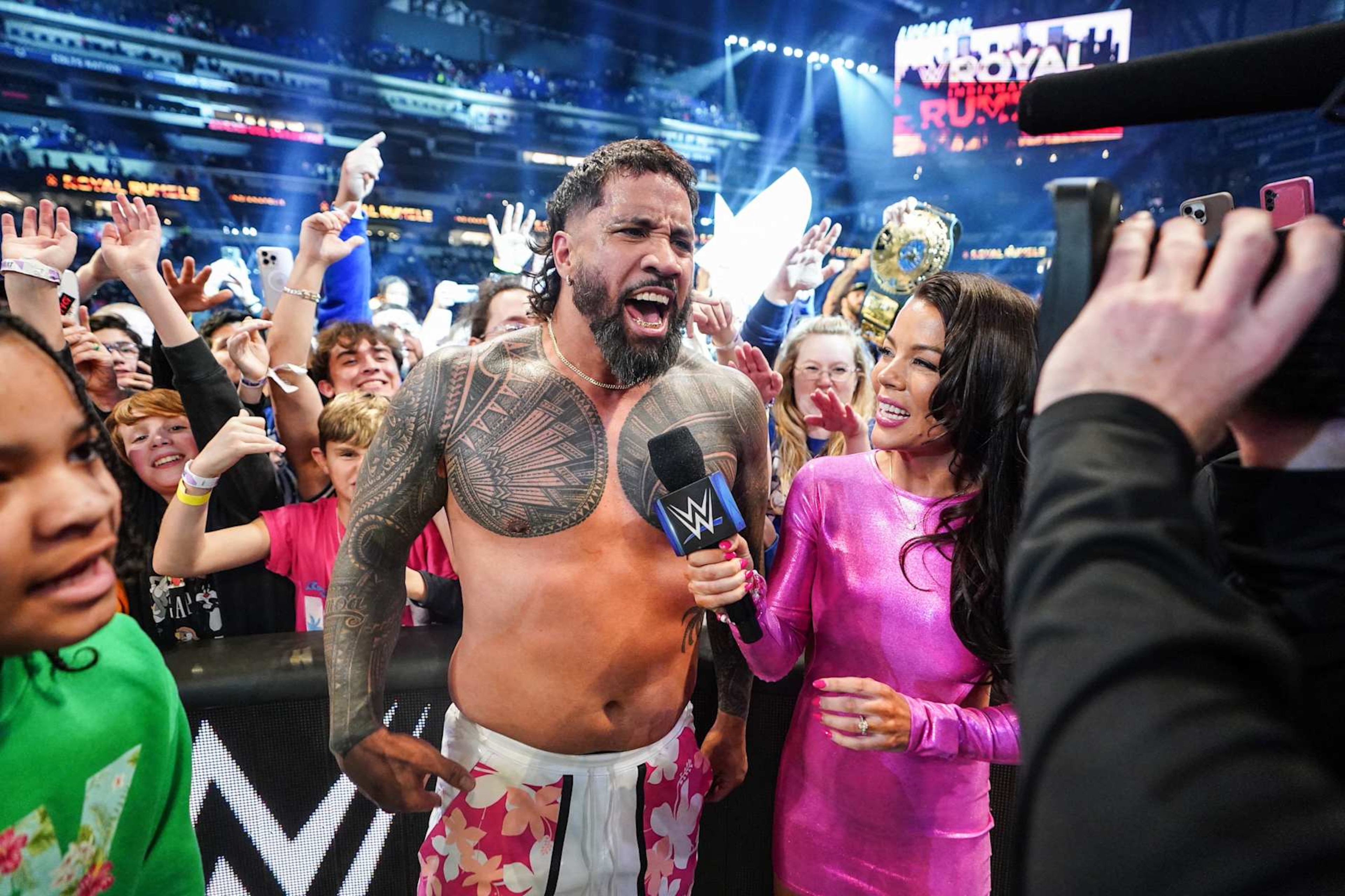 INDIANAPOLIS, INDIANA - FEBRUARY 1: Jey Uso celebrates his win during Royal Rumble at Lucas Oil Stadium on February 1, 2025 in Indianapolis, Indiana. (Photo by Rich Freeda/WWE via Getty Images) INDIANAPOLIS, INDIANA - FEBRUARY 1: Jey Uso celebrates his win during Royal Rumble at Lucas Oil Stadium on February 1, 2025 in Indianapolis, Indiana. (Photo by Rich Freeda/WWE via Getty Images)