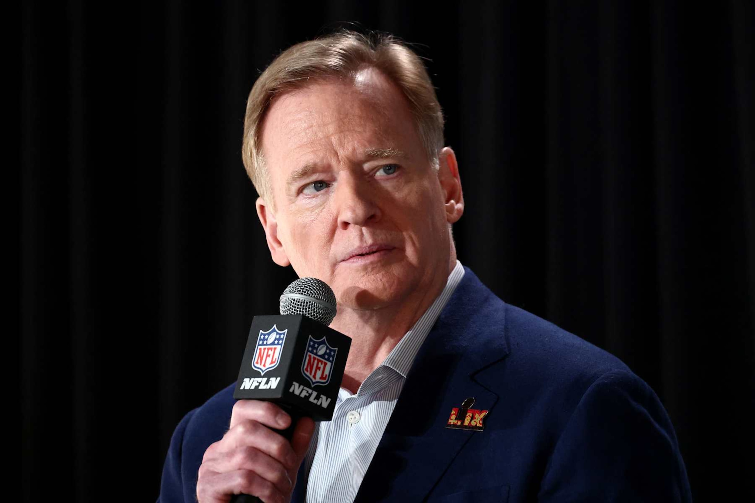 NEW ORLEANS, LOUISIANA - FEBRUARY 03: NFL Commissioner Roger Goodell speaks during a press conference ahead of the Super Bowl LIX at Caesars Superdome on February 03, 2025 in New Orleans, Louisiana. (Photo by Chris Graythen/Getty Images)