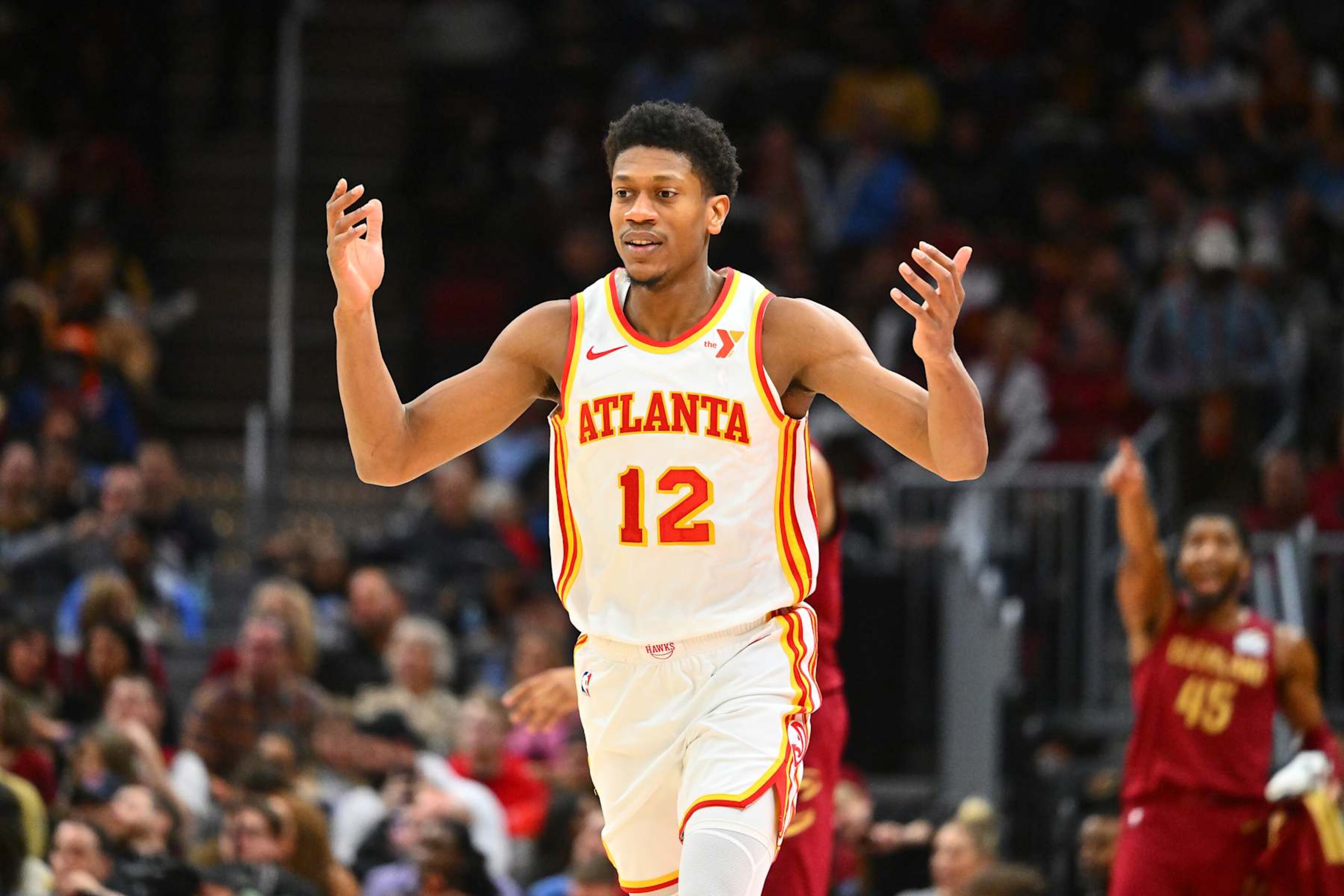 CLEVELAND, OHIO - JANUARY 30: De'Andre Hunter #12 of the Atlanta Hawks reacts during the third quarter against the Cleveland Cavaliers at Rocket Mortgage Fieldhouse on January 30, 2025 in Cleveland, Ohio. The Cavaliers defeated the Hawks 137-115. NOTE TO USER: User expressly acknowledges and agrees that, by downloading and or using this photograph, User is consenting to the terms and conditions of the Getty Images License Agreement. (Photo by Jason Miller/Getty Images) CLEVELAND, OHIO - JANUARY 30: De'Andre Hunter #12 of the Atlanta Hawks reacts during the third quarter against the Cleveland Cavaliers at Rocket Mortgage Fieldhouse on January 30, 2025 in Cleveland, Ohio. The Cavaliers defeated the Hawks 137-115. NOTE TO USER: User expressly acknowledges and agrees that, by downloading and or using this photograph, User is consenting to the terms and conditions of the Getty Images License Agreement. (Photo by Jason Miller/Getty Images)