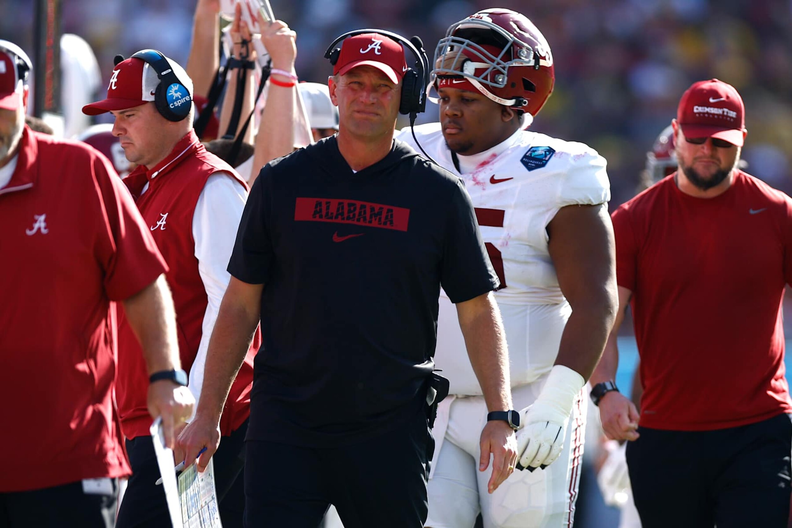TAMPA, FLORIDA - DECEMBER 31: Head coach Kalen DeBoer of the Alabama Crimson Tide looks on during the third quarter against the Michigan Wolverines in the 2024 ReliaQuest Bowl at Raymond James Stadium on December 31, 2024 in Tampa, Florida.  (Photo by Douglas P. DeFelice/Getty Images)