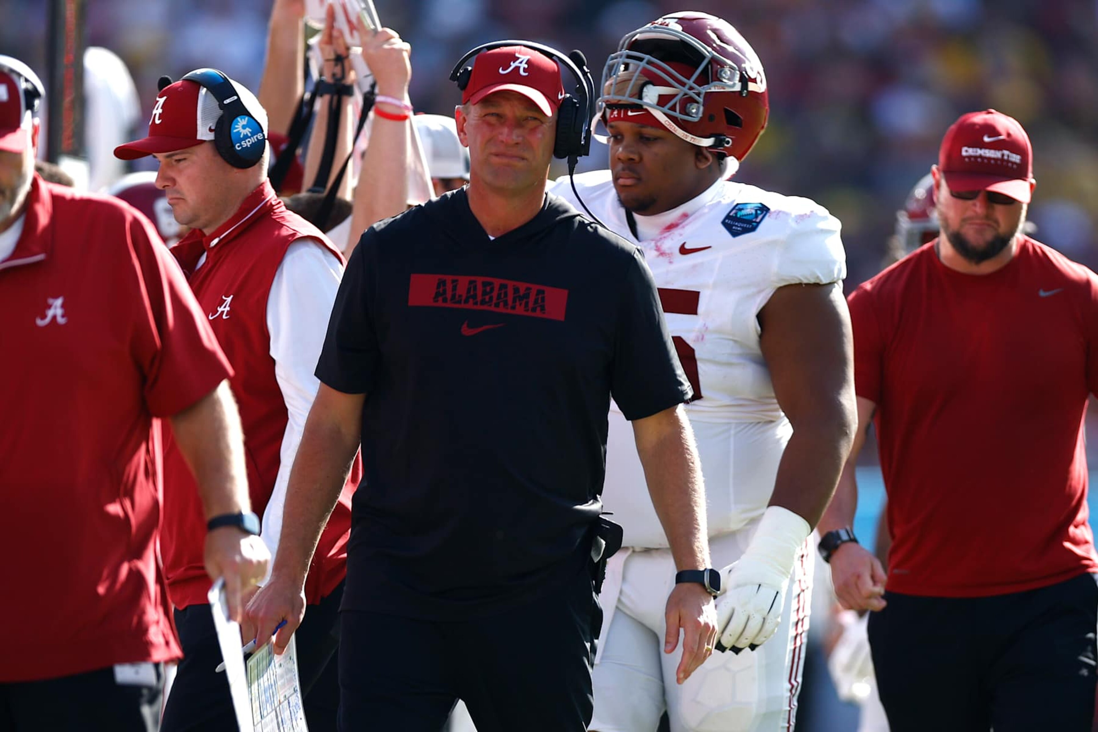 TAMPA, FLORIDA - DECEMBER 31: Head coach Kalen DeBoer of the Alabama Crimson Tide looks on during the third quarter against the Michigan Wolverines in the 2024 ReliaQuest Bowl at Raymond James Stadium on December 31, 2024 in Tampa, Florida.  (Photo by Douglas P. DeFelice/Getty Images)