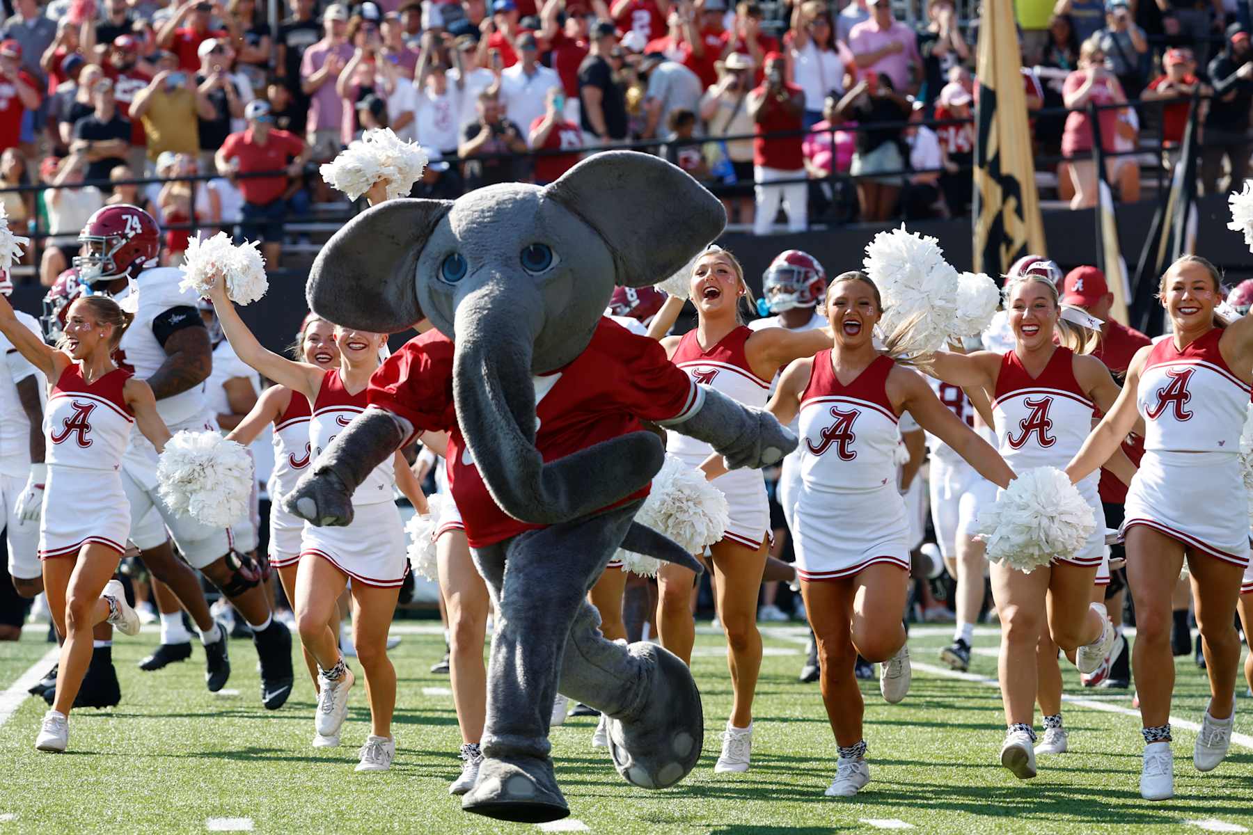 NASHVILLE, TN - OCTOBER 05: Alabama Crimson Tide mascot Big Al and cheerleaders during a game between the Vanderbilt Commodores and Alabama Crimson Tide, October 5, 2024 at FirstBank Stadium in Nashville, Tennessee. (Photo by Matthew Maxey/Icon Sportswire via Getty Images)