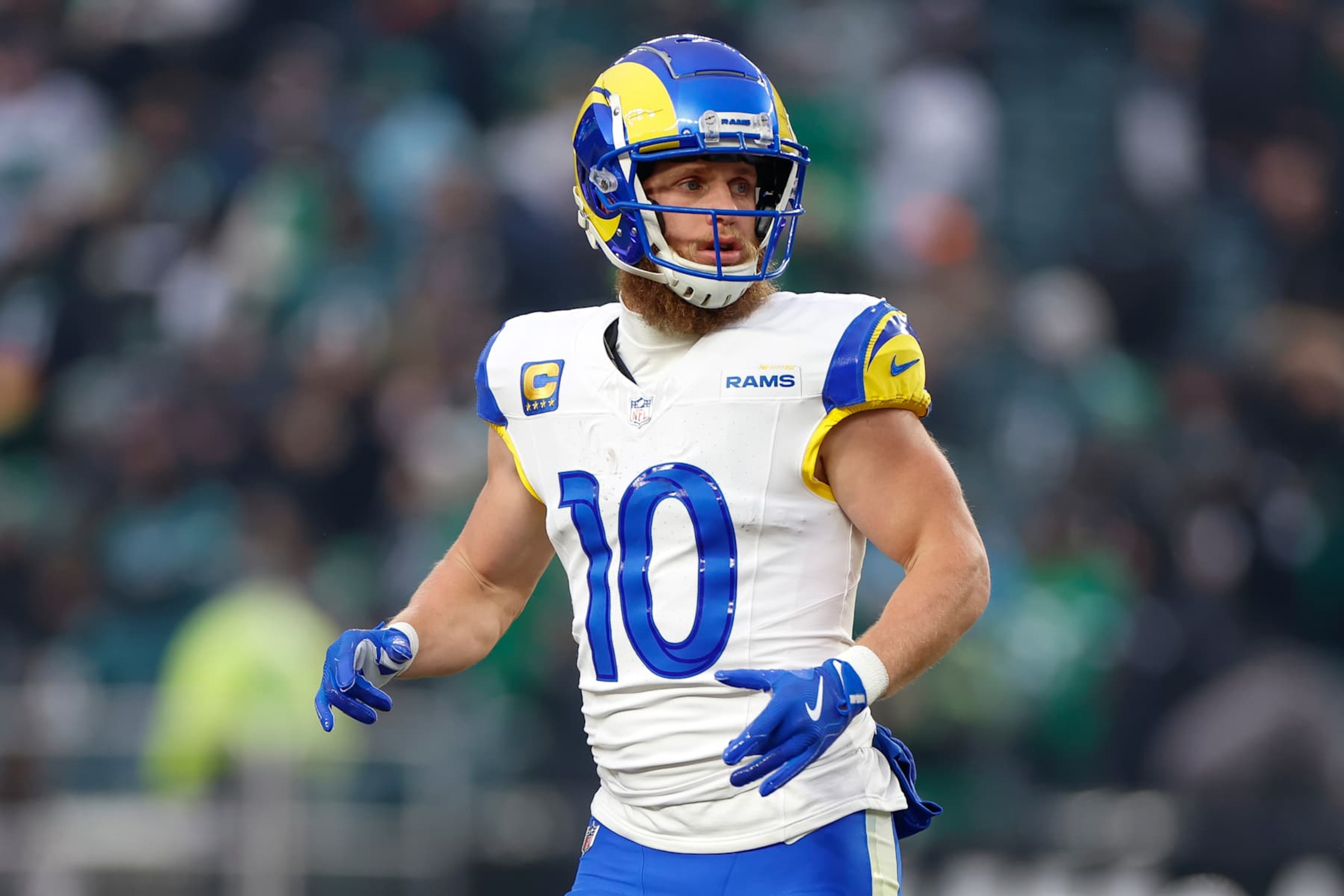 PHILADELPHIA, PENNSYLVANIA - JANUARY 19: Cooper Kupp #10 of the Los Angeles Rams warms up on the field prior to the NFC Divisional Playoff game against the Philadelphia Eagles at Lincoln Financial Field on January 19, 2025 in Philadelphia, Pennsylvania. (Photo by Brandon Sloter/Getty Images)