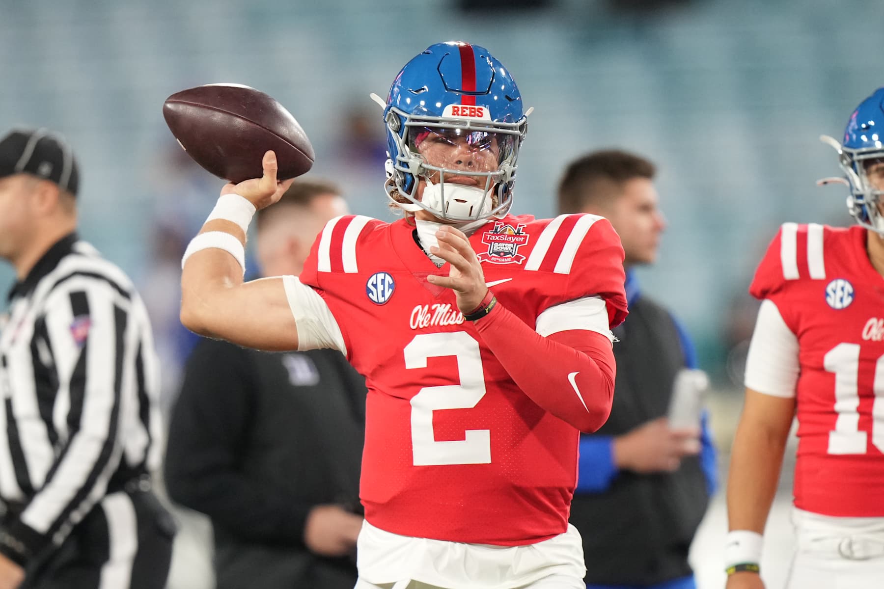 JACKSONVILLE, FL - JANUARY 02: Mississippi Rebels quarterback Jaxson Dart (2) warms up before the TaxSlayer Gator Bowl between the Duke Blue Devils and the Ol Miss Rebels on Thursday, January 2, 2025 at TIAA Bank Field in Jacksonville, Fla. (Photo by Peter Joneleit/Icon Sportswire via Getty Images)