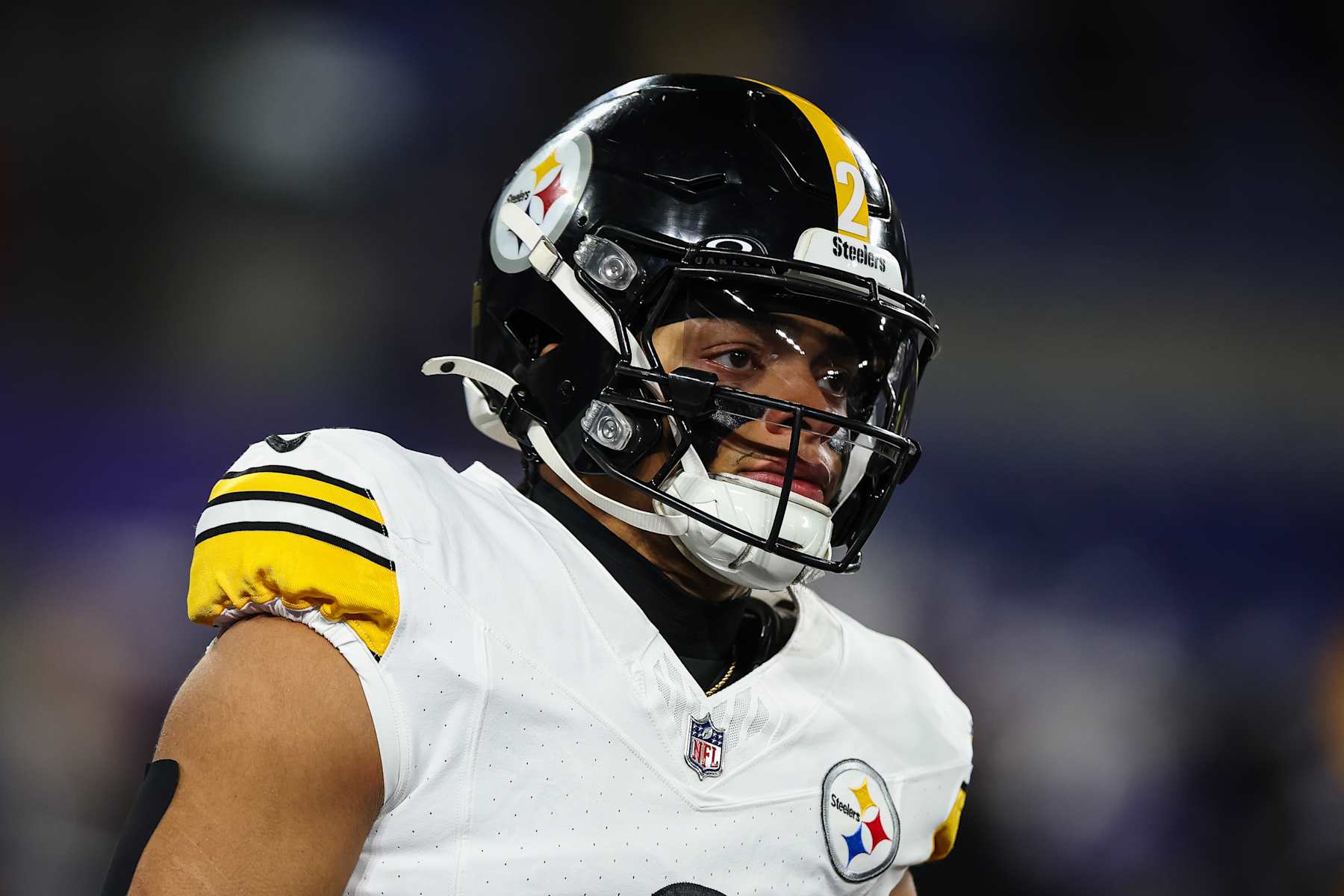 BALTIMORE, MD - JANUARY 11: Justin Fields #2 of the Pittsburgh Steelers looks on before the AFC Wild Card Playoff game against the Baltimore Ravens at M&T Bank Stadium on January 11, 2025 in Baltimore, Maryland. (Photo by Scott Taetsch/Getty Images)