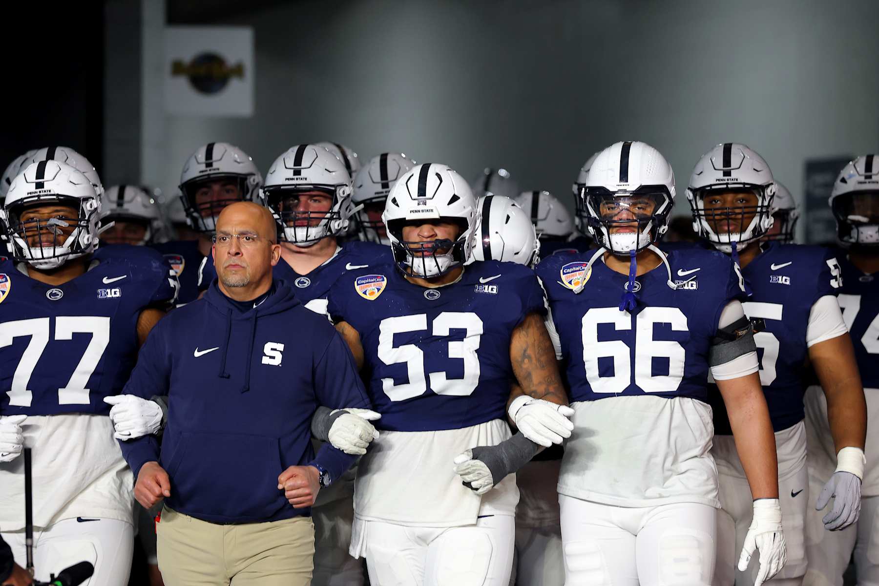 MIAMI GARDENS, FLORIDA - JANUARY 09: Head coach James Franklin of the Penn State Nittany Lions leads his team onto the field prior to the Capital One Orange Bowl against the Notre Dame Fighting Irish at Hard Rock Stadium on January 09, 2025 in Miami Gardens, Florida. (Photo by Kevin C. Cox/Getty Images)