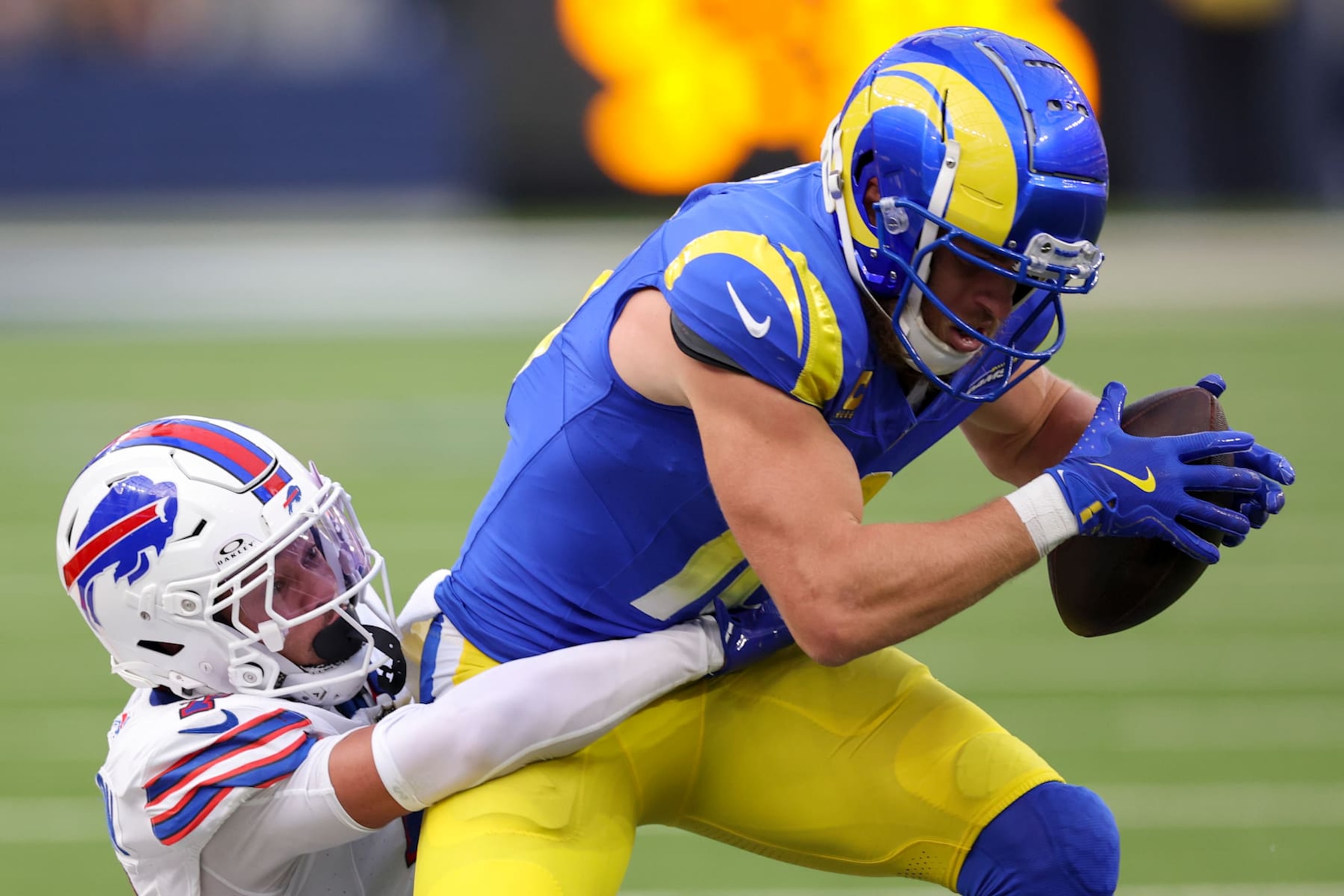 INGLEWOOD, CALIFORNIA - DECEMBER 08: Cooper Kupp #10 of the Los Angeles Rams is tackled by Taron Johnson #7 of the Buffalo Bills in the second quarter of a game at SoFi Stadium on December 08, 2024 in Inglewood, California. (Photo by Harry How/Getty Images)