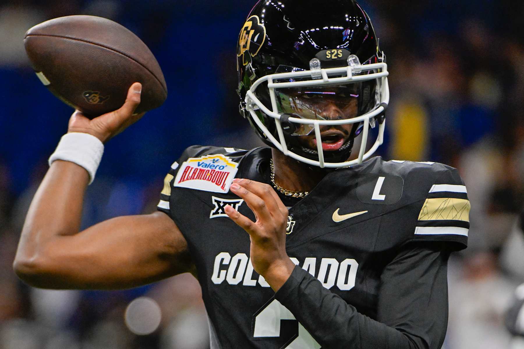SAN ANTONIO, TX - DECEMBER 28: Colorado Buffaloes quarterback Shedeur Sanders (2) warms up before the football game between the BYU Cougars and Colorado Buffaloes on December 28, 2024, at the Alamodome in San Antonio, Texas. (Photo by Ken Murray/Icon Sportswire via Getty Images)