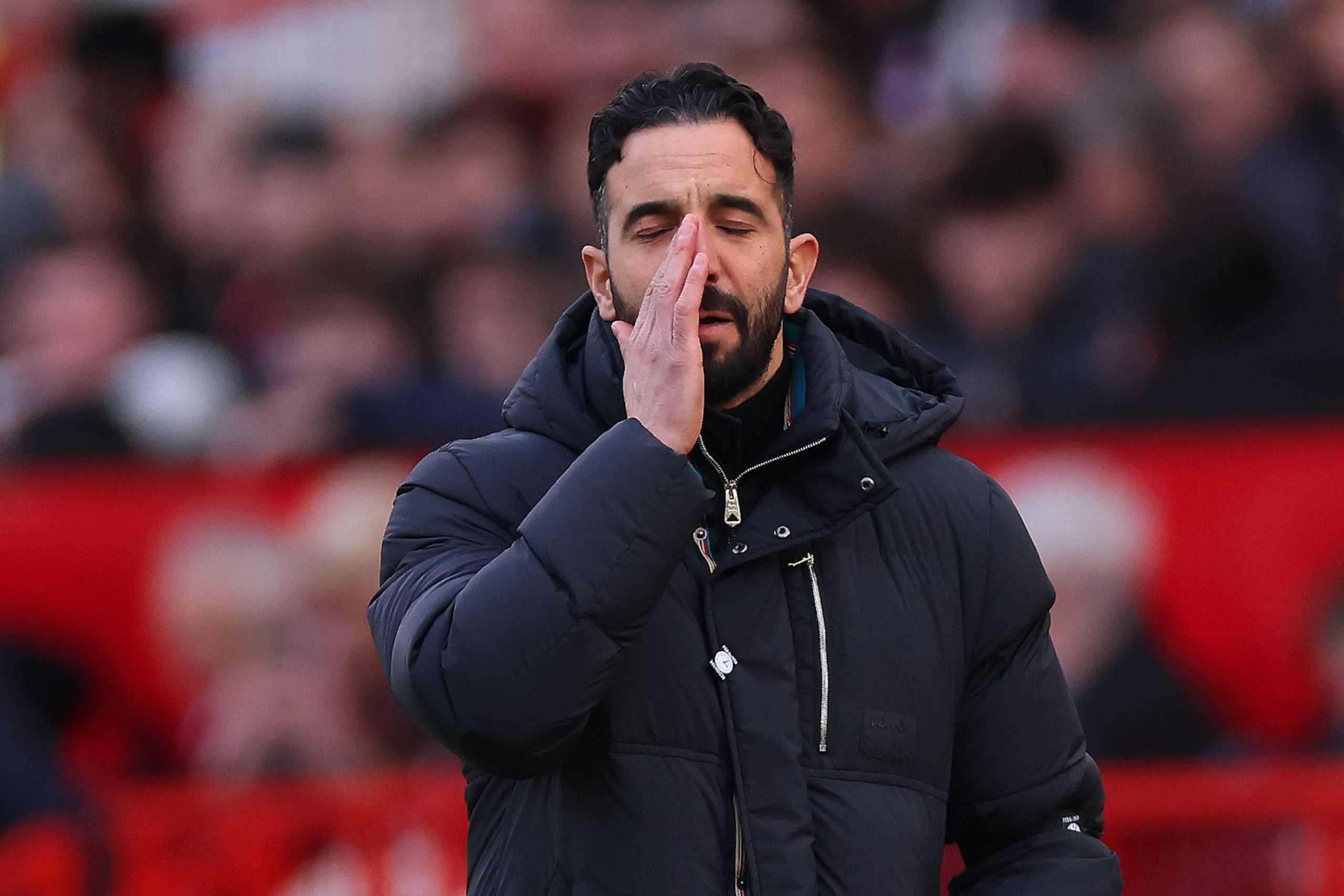 MANCHESTER, ENGLAND - FEBRUARY 2:  Ruben Amorim the head coach / manager of Manchester United reacts during the Premier League match between Manchester United FC and Crystal Palace FC at Old Trafford on February 2, 2025 in Manchester, England. (Photo by Robbie Jay Barratt - AMA/Getty Images)