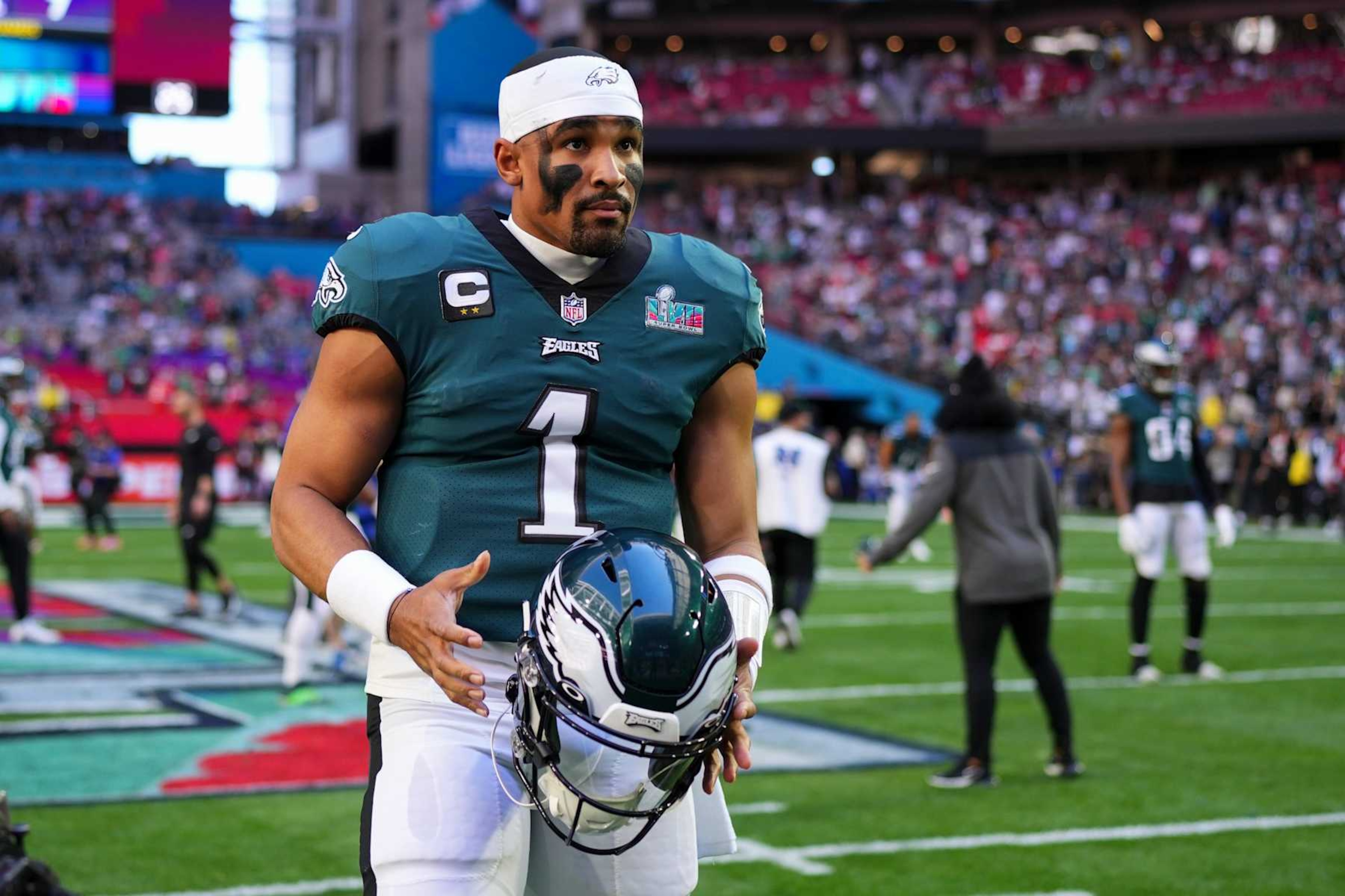 GLENDALE, AZ - FEBRUARY 12: Jalen Hurts #1 of the Philadelphia Eagles takes off his helmet against the Kansas City Chiefs after Super Bowl LVII at State Farm Stadium on February 12, 2023 in Glendale, Arizona. The Chiefs defeated the Eagles 38-35. (Photo by Cooper Neill/Getty Images) GLENDALE, AZ - FEBRUARY 12: Jalen Hurts #1 of the Philadelphia Eagles takes off his helmet against the Kansas City Chiefs after Super Bowl LVII at State Farm Stadium on February 12, 2023 in Glendale, Arizona. The Chiefs defeated the Eagles 38-35. (Photo by Cooper Neill/Getty Images)