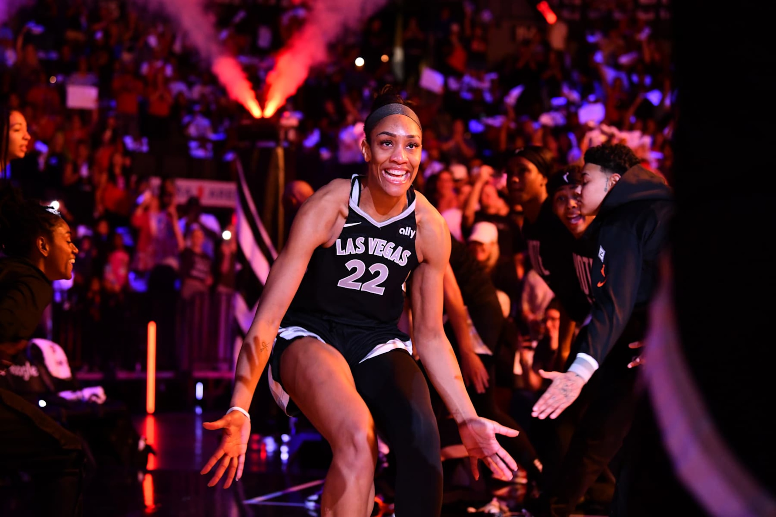 LAS VEGAS, NV - OCTOBER 6: A'ja Wilson #22 of the Las Vegas Aces is introduced before the game against the New York Liberty during Round Two Game Four of the 2024 WNBA Playoffs on October 6, 2024 at Michelob ULTRA Arena in Las Vegas, Nevada. NOTE TO USER: User expressly acknowledges and agrees that, by downloading and or using this photograph, user is consenting to the terms and conditions of the Getty Images License Agreement. Mandatory Copyright Notice: Copyright 2024 NBAE (Photo by Barry Gossage/NBAE via Getty Images)