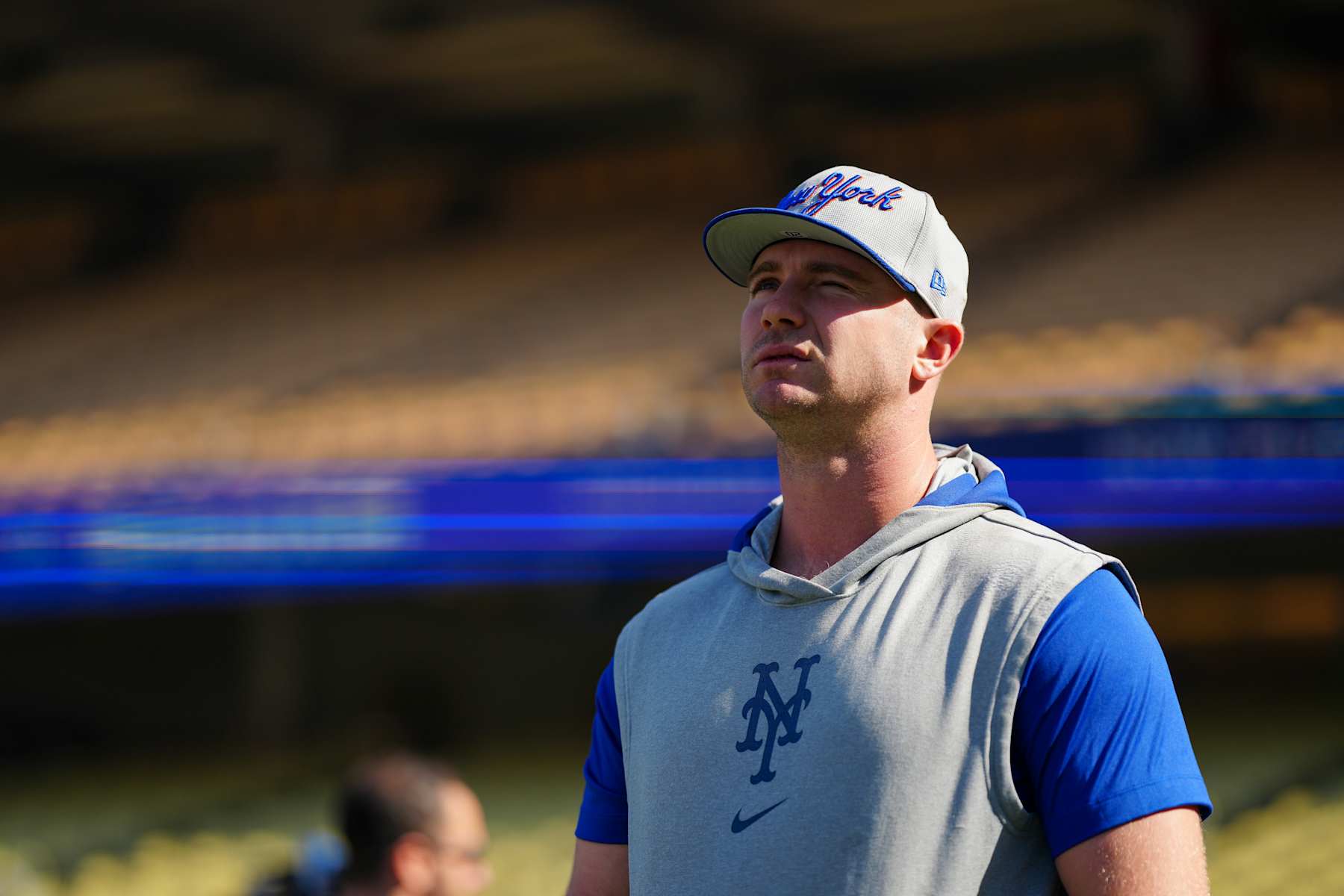 LOS ANGELES, CA - OCTOBER 13:   Pete Alonso #20 of the New York Mets looks on during batting practice prior to Game 1 of the NLCS between the New York Mets and the Los Angeles Dodgers at Dodger Stadium on Sunday, October 13, 2024 in Los Angeles, California. (Photo by Daniel Shirey/MLB Photos via Getty Images)