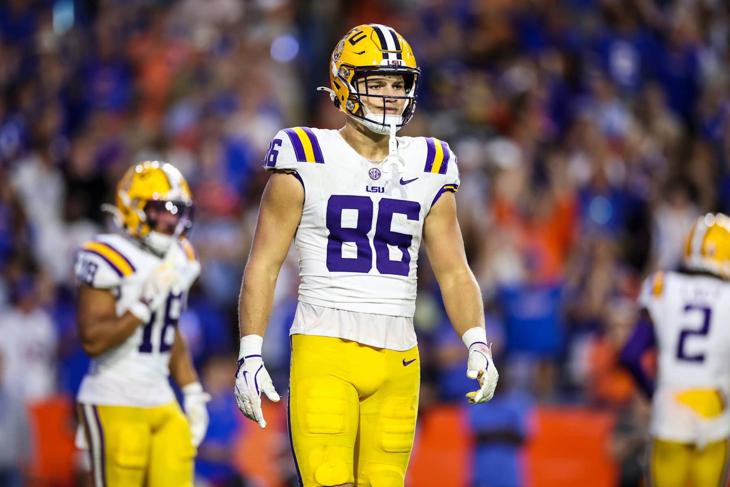 GAINESVILLE, FLORIDA - NOVEMBER 16: Mason Taylor #86 of the LSU Tigers looks on during the second half of a game against the Florida Gators at Ben Hill Griffin Stadium on November 16, 2024 in Gainesville, Florida. (Photo by James Gilbert/Getty Images)