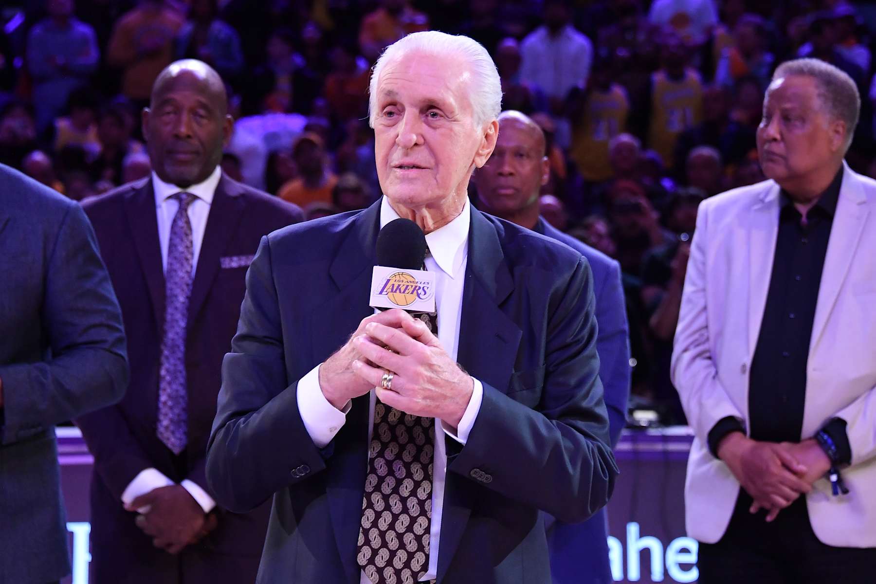 LOS ANGELES, CALIFORNIA - JANUARY 13: Pat Riley speaks at Michael Cooper's jersey retirement ceremony during halftime of a basketball game between the Los Angeles Lakers and San Antonio Spurs at Crypto.com Arena on January 13, 2025 in Los Angeles, California. NOTE TO USER: User expressly acknowledges and agrees that, by downloading and or using this photograph, User is consenting to the terms and conditions of the Getty Images License Agreement. (Photo by Allen Berezovsky/Getty Images)