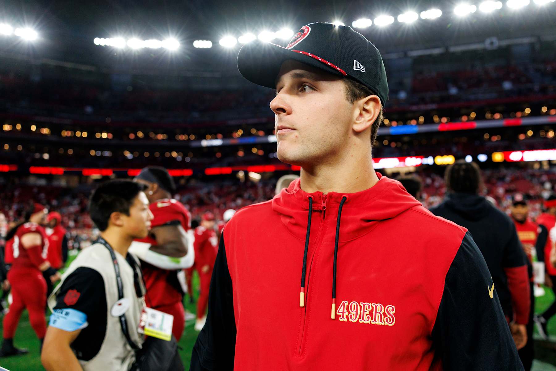 GLENDALE, ARIZONA - JANUARY 5: Quarterback Brock Purdy #13 of the San Francisco 49ers stands on the field after an NFL football game against the Arizona Cardinals, at State Farm Stadium on January 5, 2025 in Glendale, Arizona. (Photo by Brooke Sutton/Getty Images)