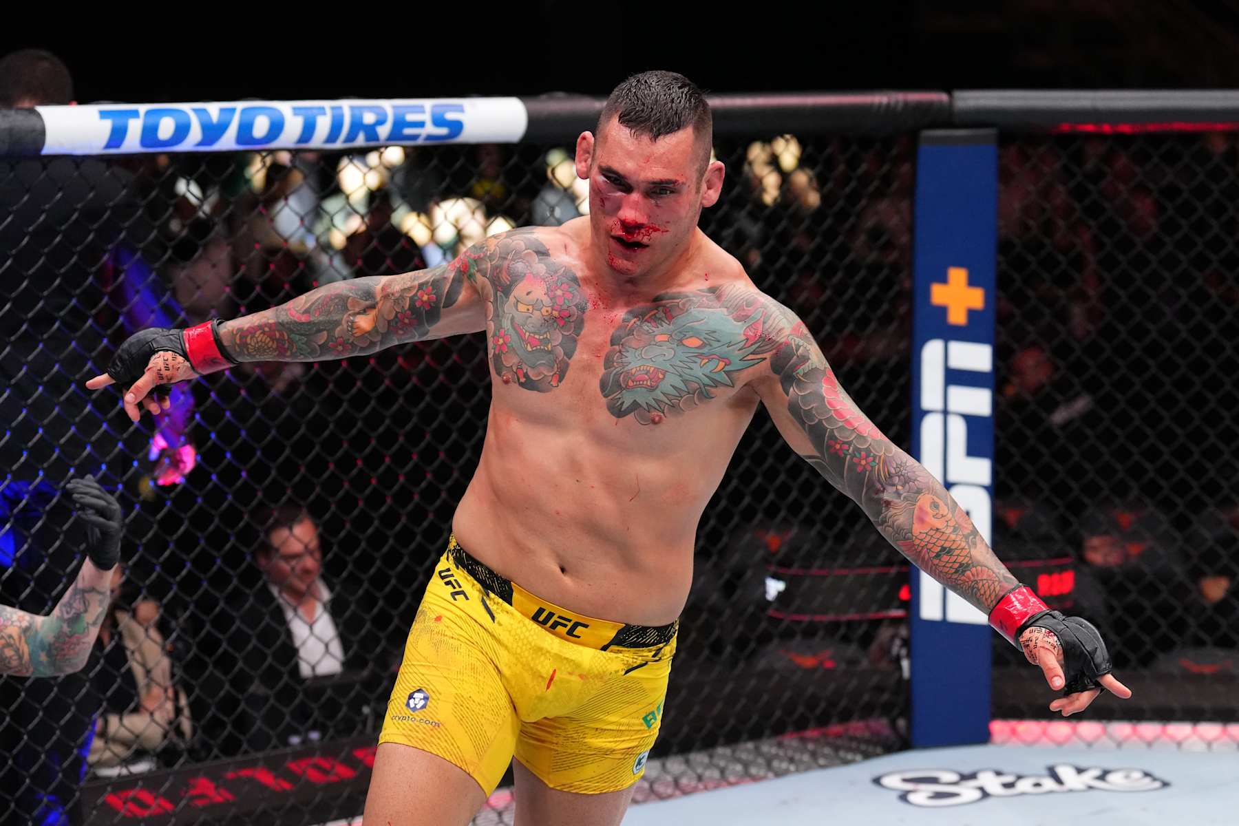 Rodolfo Bellato celebrates his TKO victory over Ihor Potieria.