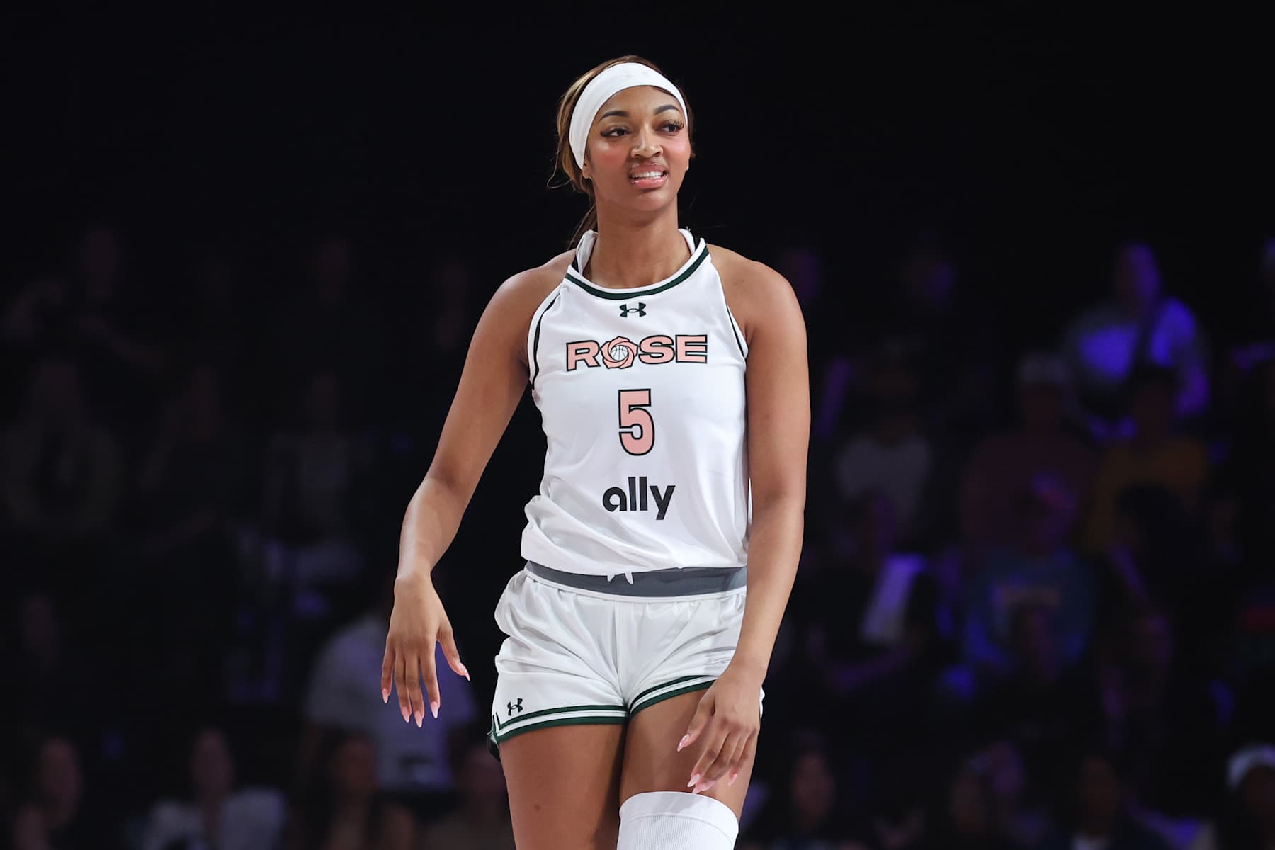 MEDLEY, FLORIDA - JANUARY 31: Angel Reese #5 of Rose reacts during the first quarter of the game against the Phantom at Wayfair Arena on January 31, 2025 in Medley, Florida. (Photo by Megan Briggs/Getty Images)