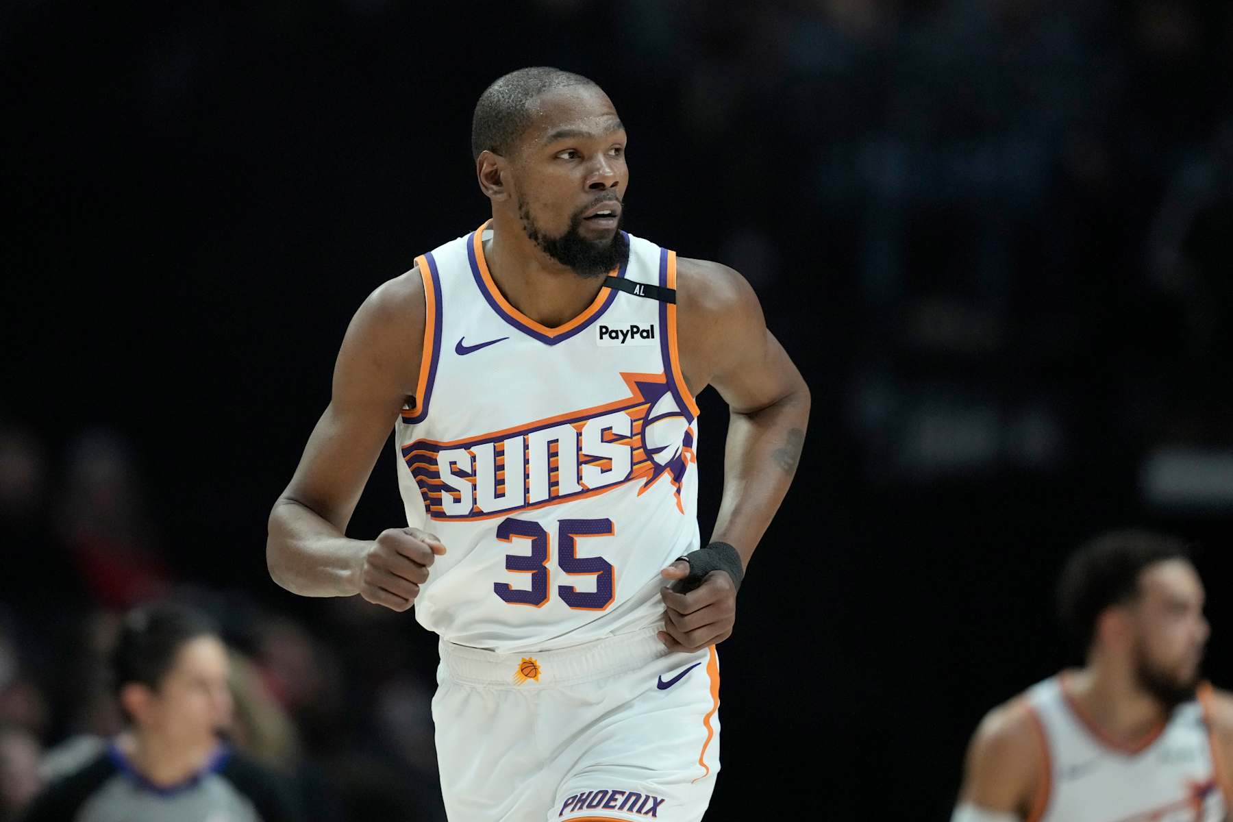 PORTLAND, OREGON - FEBRUARY 03: Kevin Durant #35 of the Phoenix Suns runs back during the first half against the Portland Trail Blazers at Moda Center on February 03, 2025 in Portland, Oregon. NOTE TO USER: User expressly acknowledges and agrees that, by downloading and or using this photograph, User is consenting to the terms and conditions of the Getty Images License Agreement. (Photo by Soobum Im/Getty Images)