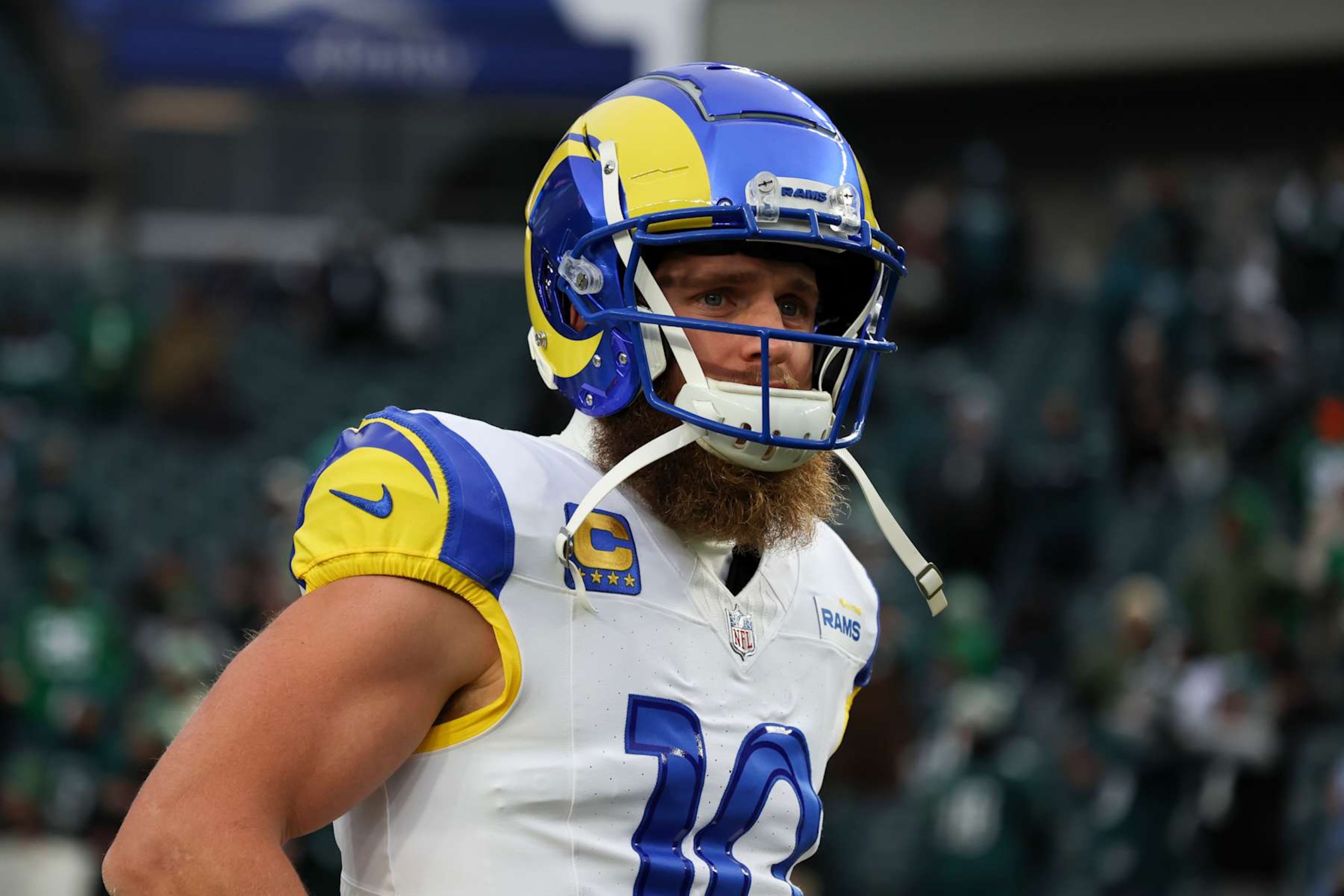 PHILADELPHIA, PENNSYLVANIA - JANUARY 19: Cooper Kupp #10 of the Los Angeles Rams warms up prior to the NFC Divisional playoff game against the Philadelphia Eagles at Lincoln Financial Field on January 19, 2025 in Philadelphia, Pennsylvania. The Eagles defeated the Rams 28-22. (Kara Durrette/Getty Images)