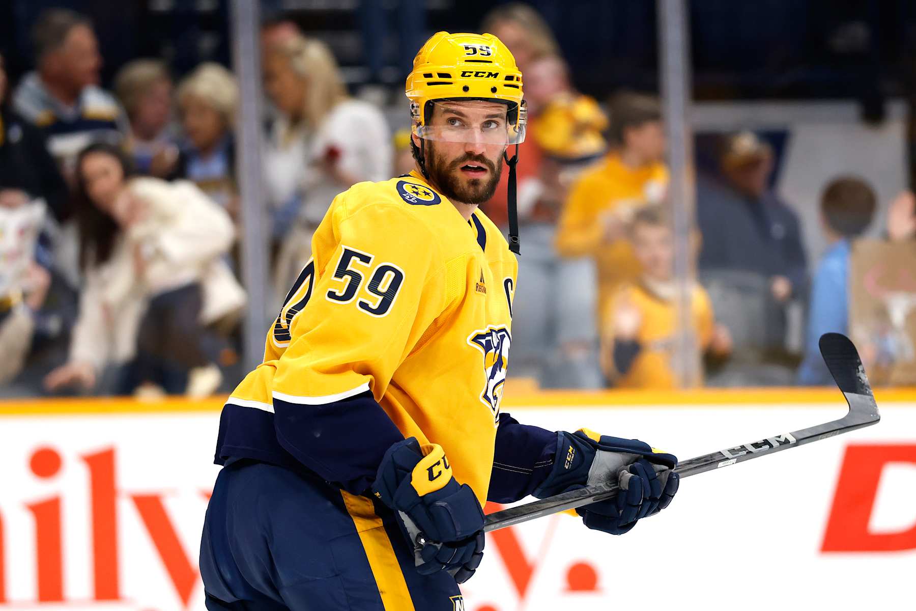 NASHVILLE, TENNESSEE - FEBRUARY 03: Roman Josi #59 of the Nashville Predators skates prior to the game against the Ottawa Senators at Bridgestone Arena on February 03, 2025 in Nashville, Tennessee. (Photo by Johnnie Izquierdo/Getty Images)
