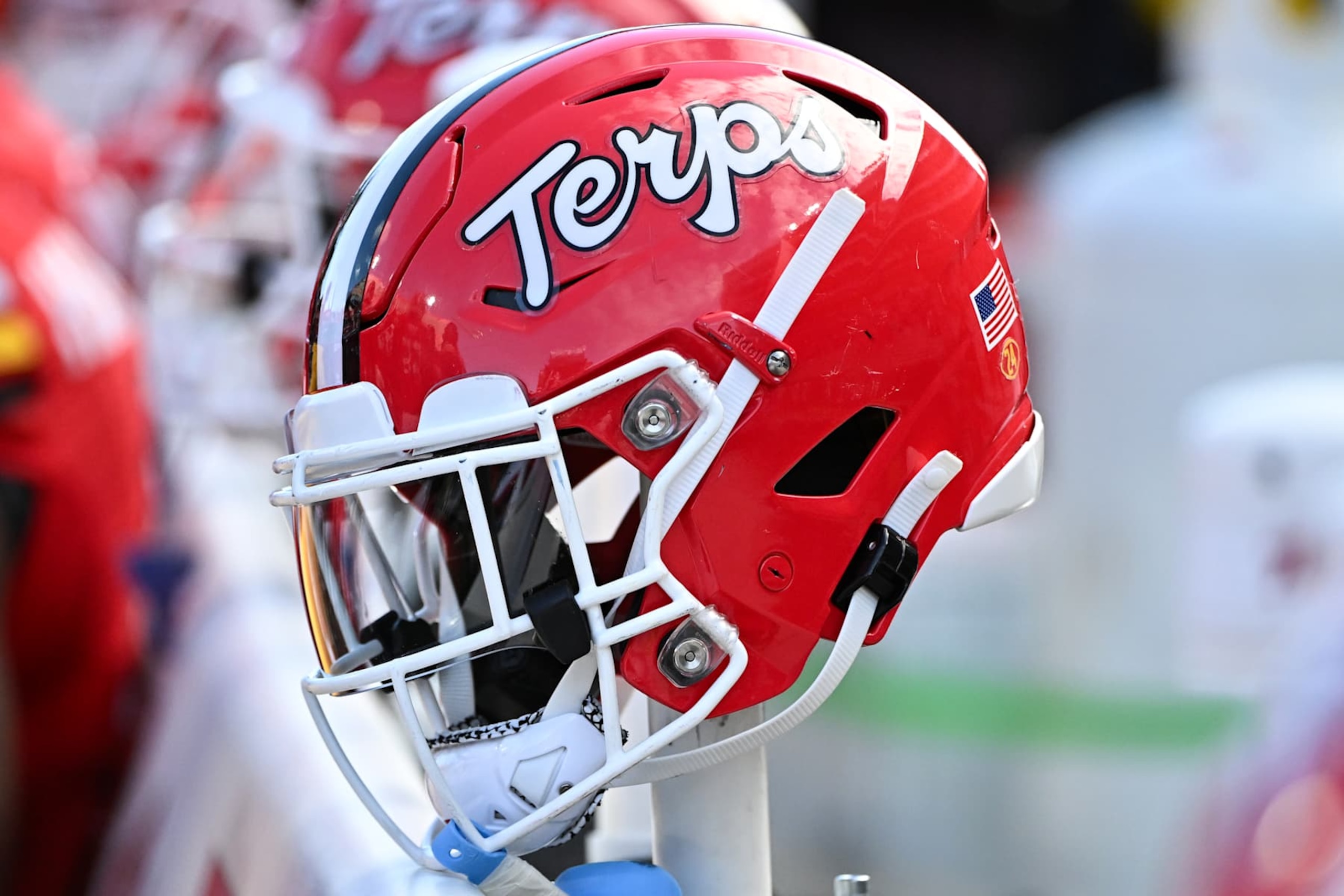 COLLEGE PARK, MARYLAND - NOVEMBER 23, 2024: A closeup view of a Maryland Terrapins helmet during the first half against the Iowa Hawkeyes at SECU Stadium on November 23, 2024 in College Park, Maryland. (Photo by Chris Bernacchi/Diamond Images via Getty Images)