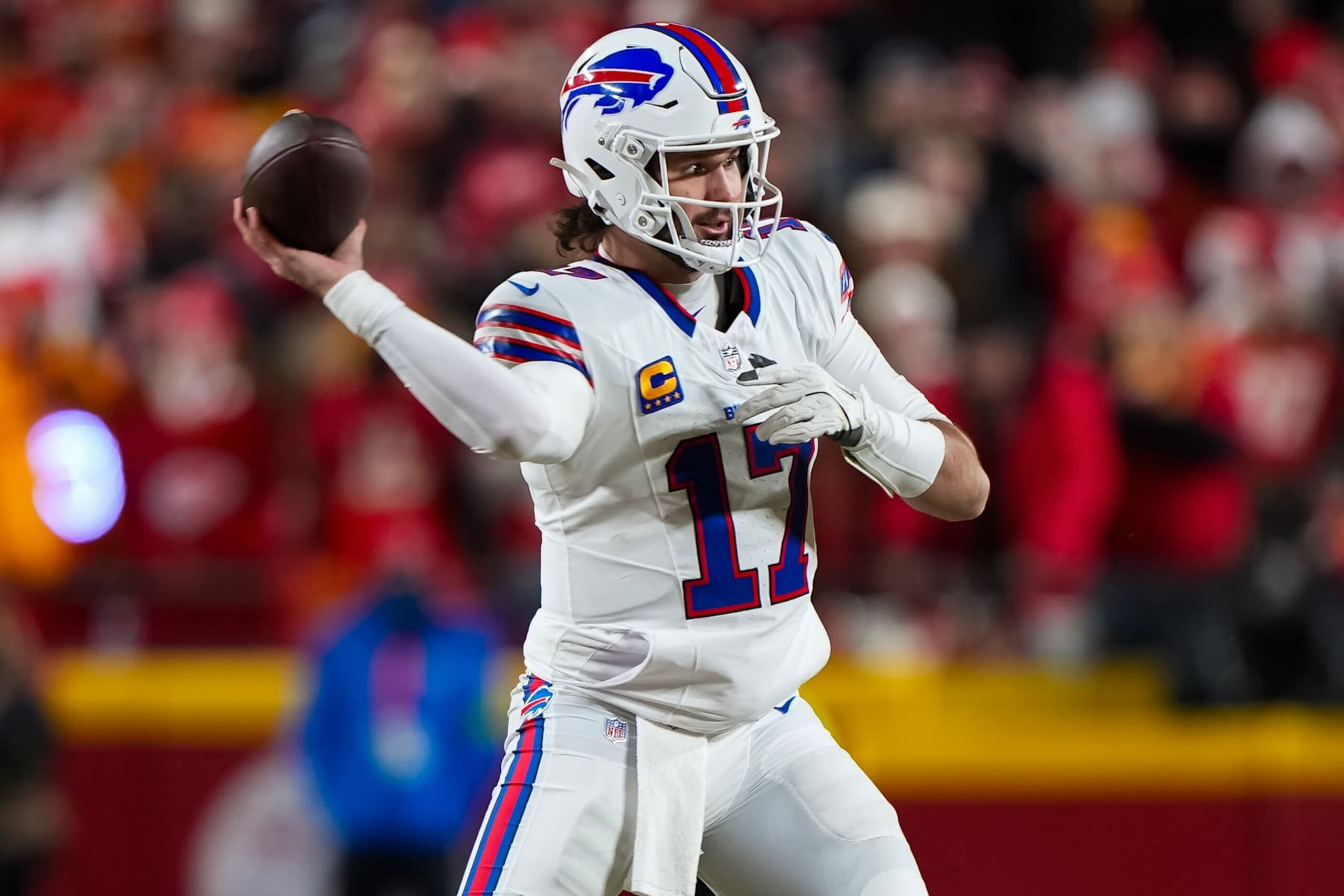 KANSAS CITY, MISSOURI - JANUARY 26: Quarterback Josh Allen #17 of the Buffalo Bills throws a pass during the first half of the AFC Championship game against the Kansas City Chiefs, at GEHA Field at Arrowhead Stadium on January 26, 2025 in Kansas City, Missouri. (Photo by Todd Rosenberg/Getty Images)
