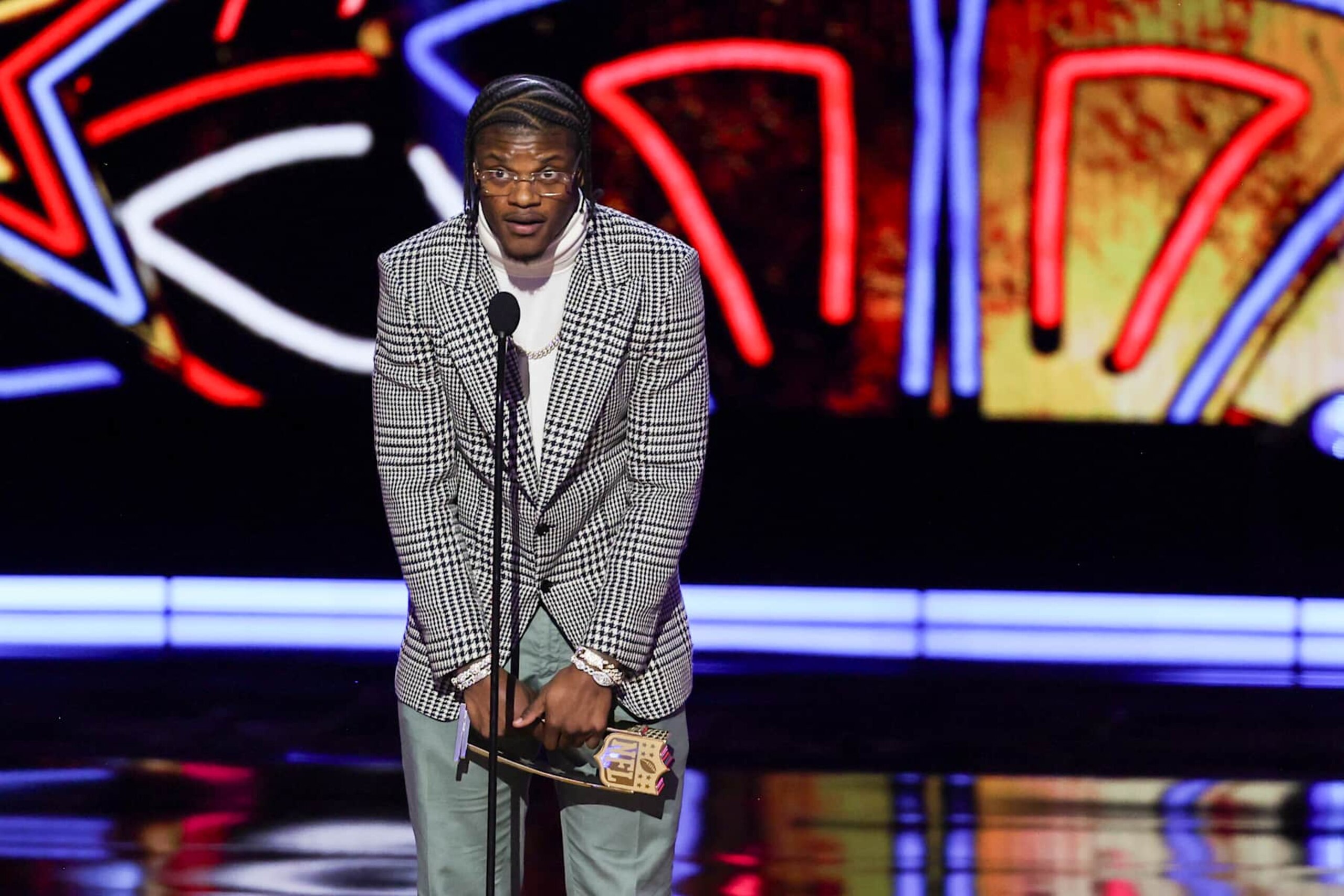 LAS VEGAS, NV - FEBRUARY 8: Lamar Jackson #8 of the Baltimore Ravens accepts the award for Most Valuable Player during the 13th Annual NFL Honors on February 8, 2024 in Las Vegas, Nevada. (Photo by Perry Knotts/Getty Images)