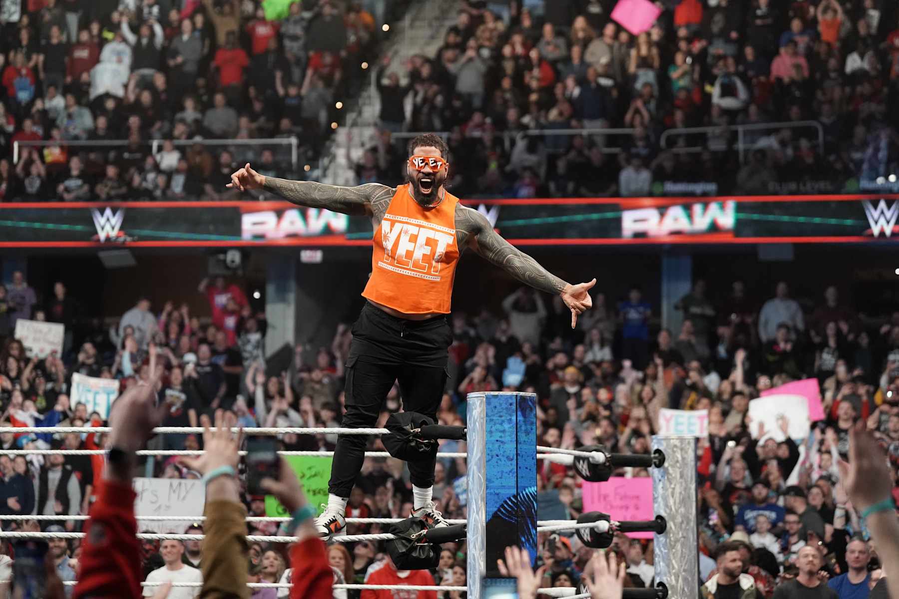 CLEVELAND, OHIO - FEBRUARY 3: Jey Uso makes his entrance during Monday Night RAW at Rocket Mortgage Fieldhouse on February 3, 2025 in Cleveland, Ohio. (Photo by Rich Freeda/WWE via Getty Images)