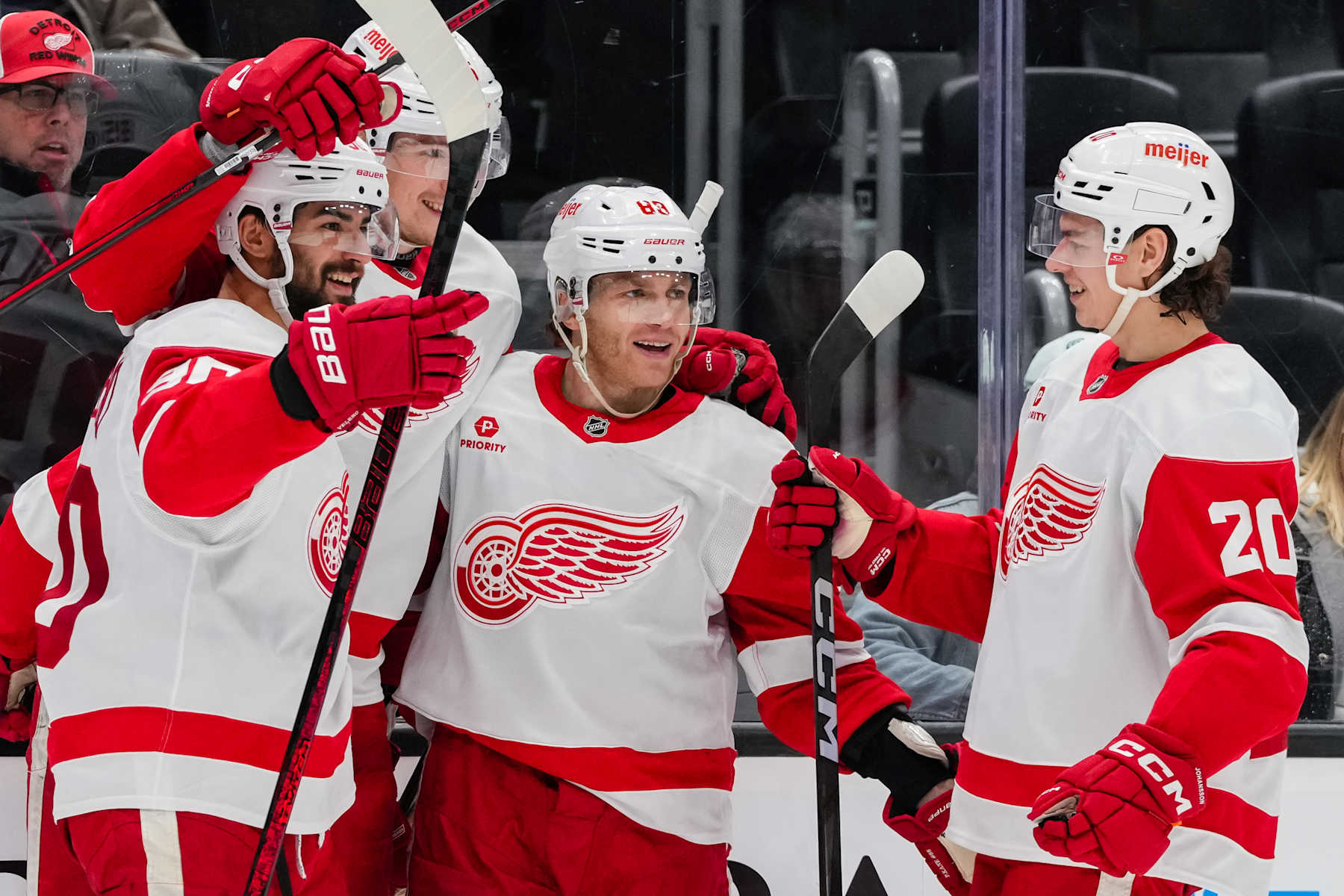 SEATTLE, WASHINGTON - FEBRUARY 04: The Detroit Red Wings celebrate after a goal is scored during the third period of a game against the Seattle Kraken at Climate Pledge Arena on February 04, 2025 in Seattle, Washington. (Photo by Liv Lyons/NHLI via Getty Images)
