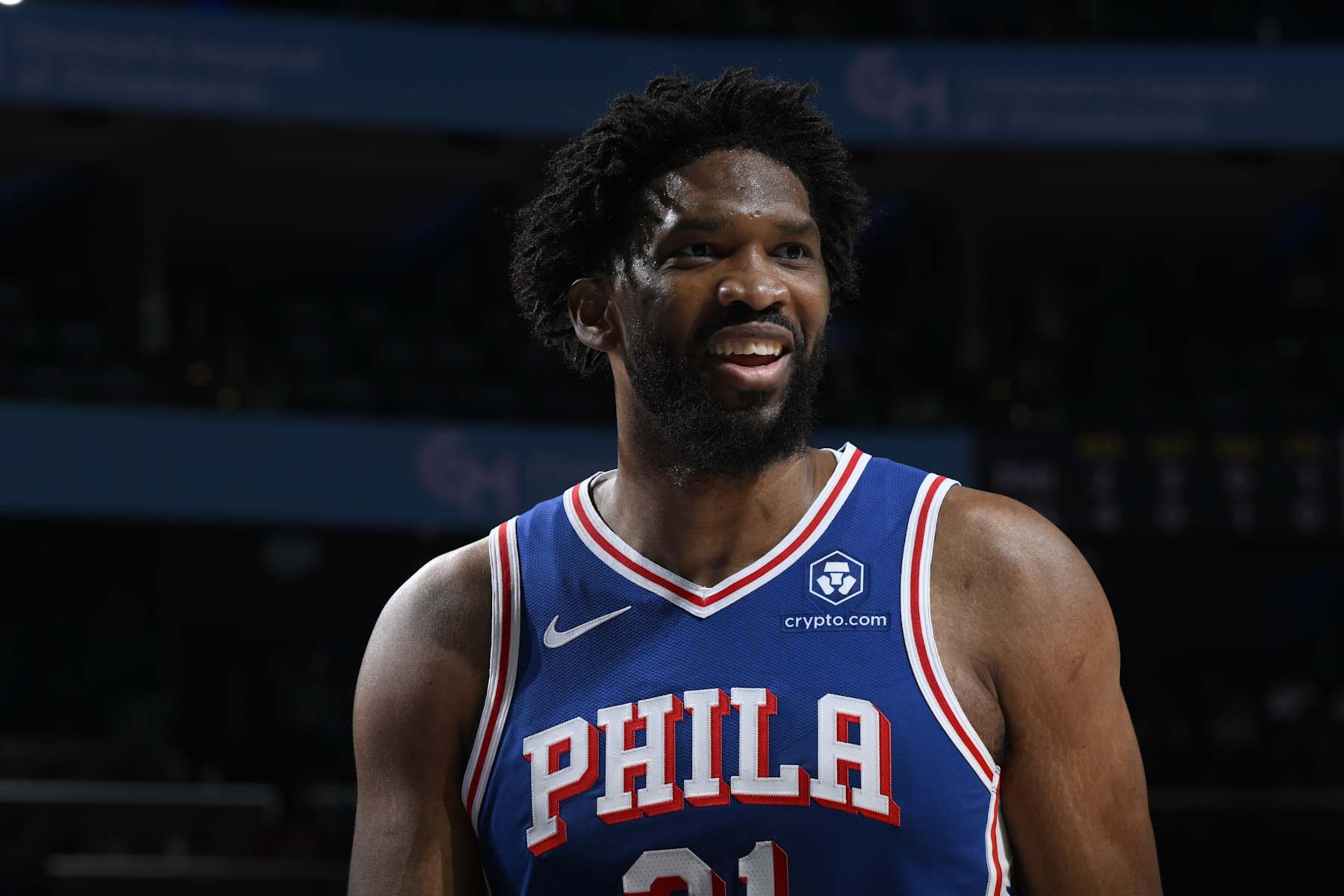 PHILADELPHIA, PA - FEBRUARY 4: Joel Embiid #21 of the Philadelphia 76ers looks on during the game against the Dallas Mavericks on February 4, 2025 at the Wells Fargo Center in Philadelphia, Pennsylvania NOTE TO USER: User expressly acknowledges and agrees that, by downloading and/or using this Photograph, user is consenting to the terms and conditions of the Getty Images License Agreement. Mandatory Copyright Notice: Copyright 2025 NBAE (Photo by David Dowt/NBAE via Getty Images) PHILADELPHIA, PA - FEBRUARY 4: Joel Embiid #21 of the Philadelphia 76ers looks on during the game against the Dallas Mavericks on February 4, 2025 at the Wells Fargo Center in Philadelphia, Pennsylvania NOTE TO USER: User expressly acknowledges and agrees that, by downloading and/or using this Photograph, user is consenting to the terms and conditions of the Getty Images License Agreement. Mandatory Copyright Notice: Copyright 2025 NBAE (Photo by David Dowt/NBAE via Getty Images)