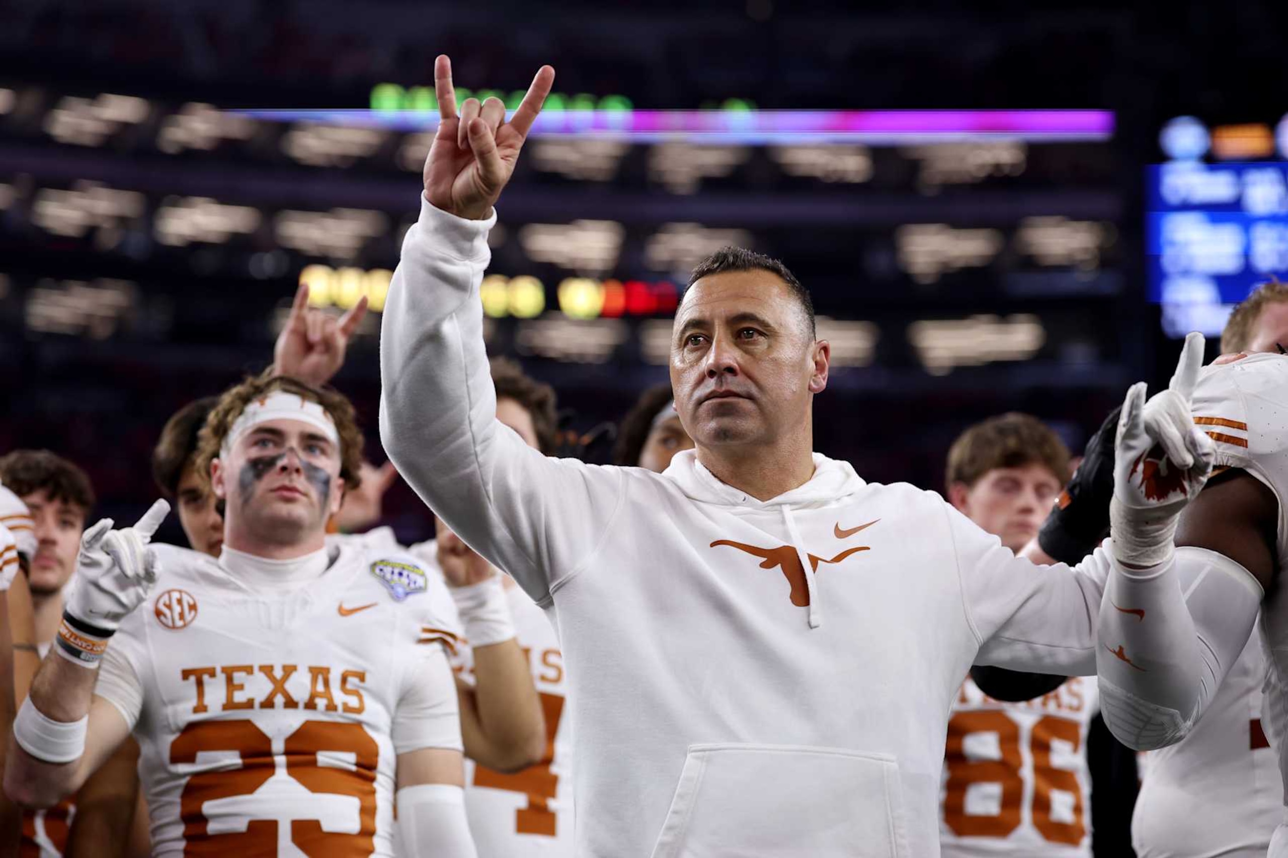 ARLINGTON, TEXAS - JANUARY 10: Head coach Steve Sarkisian of the Texas Longhorns looks on after losing to the Ohio State Buckeyes 28-14 in the Goodyear Cotton Bowl at AT&T Stadium on January 10, 2025 in Arlington, Texas. (Photo by Sam Hodde/Getty Images) ARLINGTON, TEXAS - JANUARY 10: Head coach Steve Sarkisian of the Texas Longhorns looks on after losing to the Ohio State Buckeyes 28-14 in the Goodyear Cotton Bowl at AT&T Stadium on January 10, 2025 in Arlington, Texas. (Photo by Sam Hodde/Getty Images)
