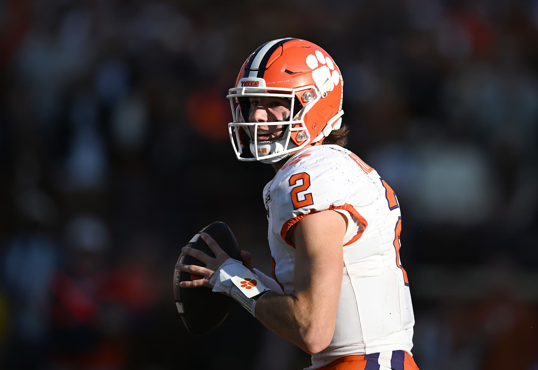 AUSTIN, TEXAS - DECEMBER 21: Cade Klubnik #2 of the Clemson Tigers looks to throw the ball during the first quarter against the Texas Longhorns in the Playoff First Round Game at Darrell K Royal-Texas Memorial Stadium on December 21, 2024 in Austin, Texas. (Photo by Jack Gorman/Getty Images)