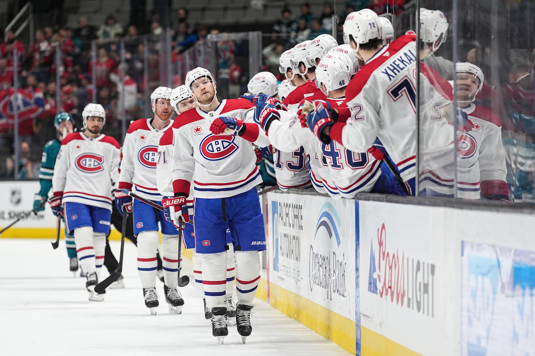 SAN JOSE, CA - FEBRUARY 4: Joel Armia #40 of the Montreal Canadiens celebrates scoring a goal in the third period against the San Jose Sharks at SAP Center on February 4, 2025 in San Jose, California. (Photo by Kavin Mistry/NHLI via Getty Images)