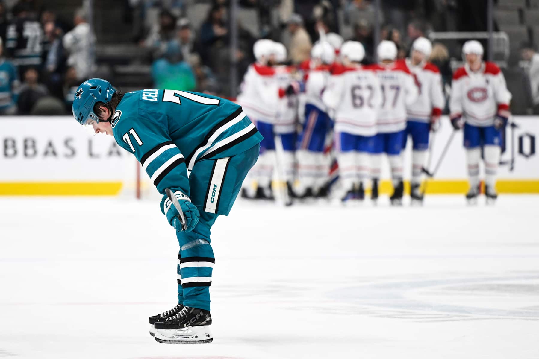 SAN JOSE, CALIFORNIA - FEBRUARY 04: Macklin Celebrini #71 of the San Jose Sharks reacts after the loss to the Montreal Canadiens at SAP Center on February 04, 2025 in San Jose, California. (Photo by Eakin Howard/Getty Images)