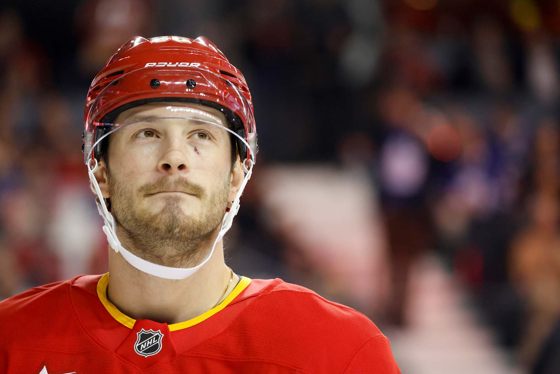 CALGARY, CANADA - FEBRUARY 04: Joel Farabee #86 of the Calgary Flames skates during a break in play against the Toronto Maple Leafs during the first period at the Scotiabank Saddledome on February 04, 2025, in Calgary, Alberta, Canada. (Photo by Leah Hennel/Getty Images)